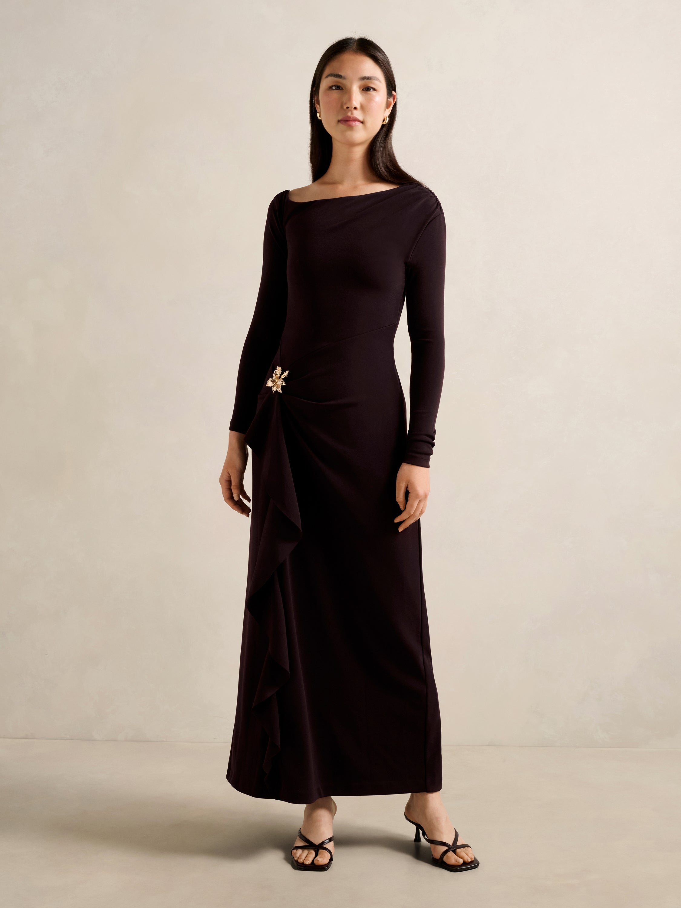ruffle maxi dress with sleeves Maya Long Sleeve – Forever New Floral Embroidered Maxi Dress partially lined Model is Color:Shimmer Peri tassel waist abaya