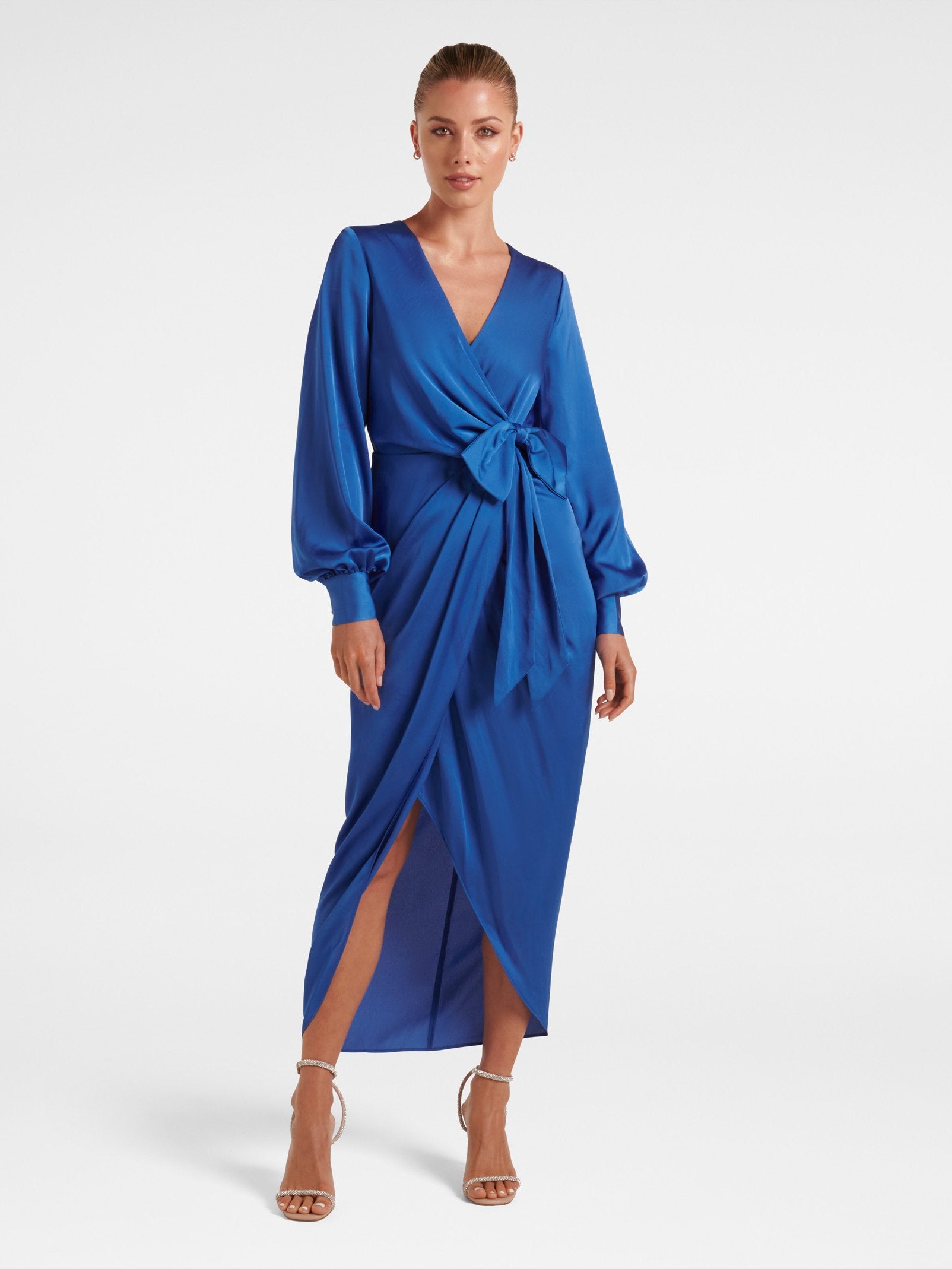 forever new blue dress Mirella Wrap Satin Midi Halter neck