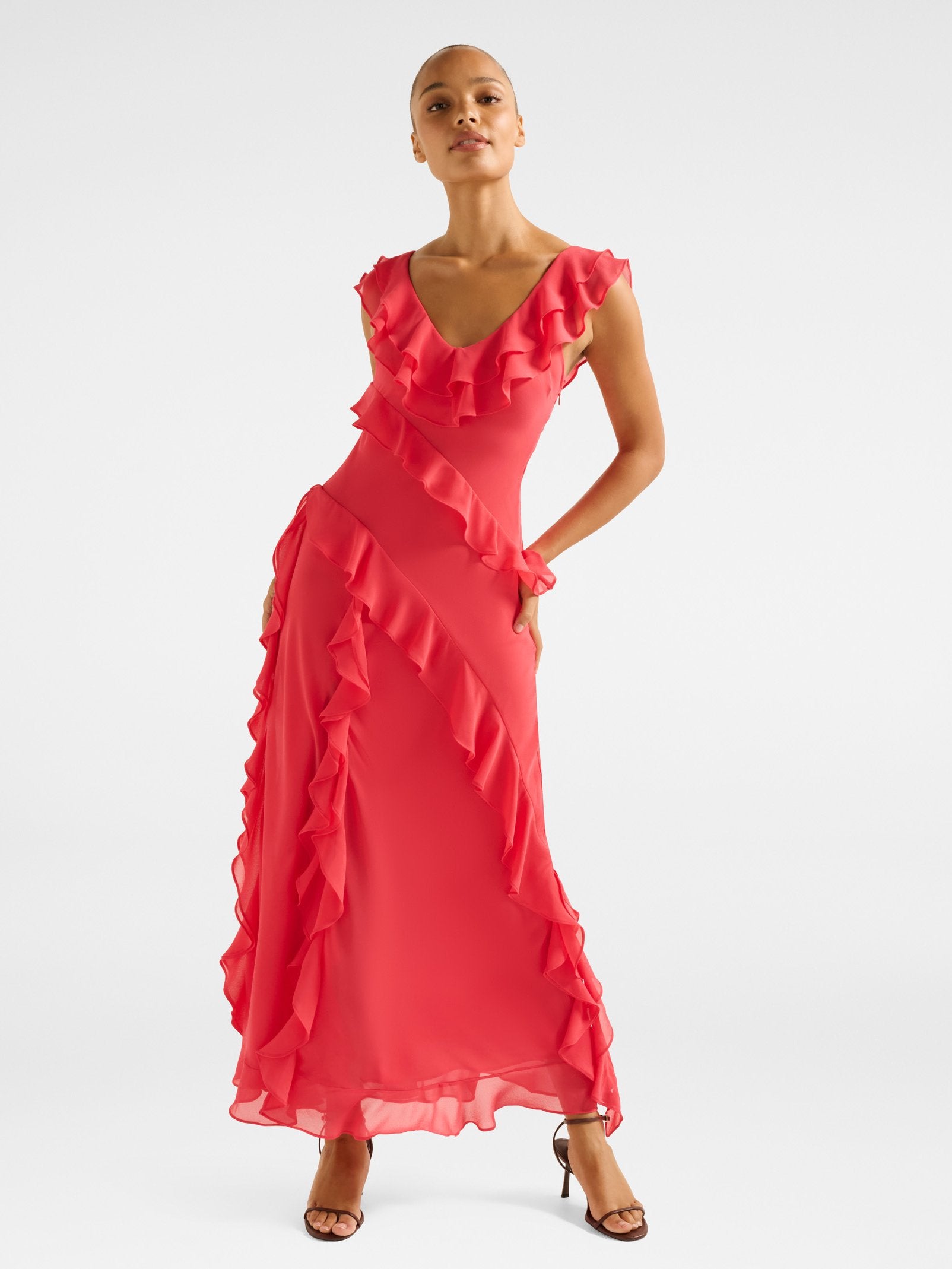 Buy Olive Ruffle Maxi Dress - Hot Pink - Online