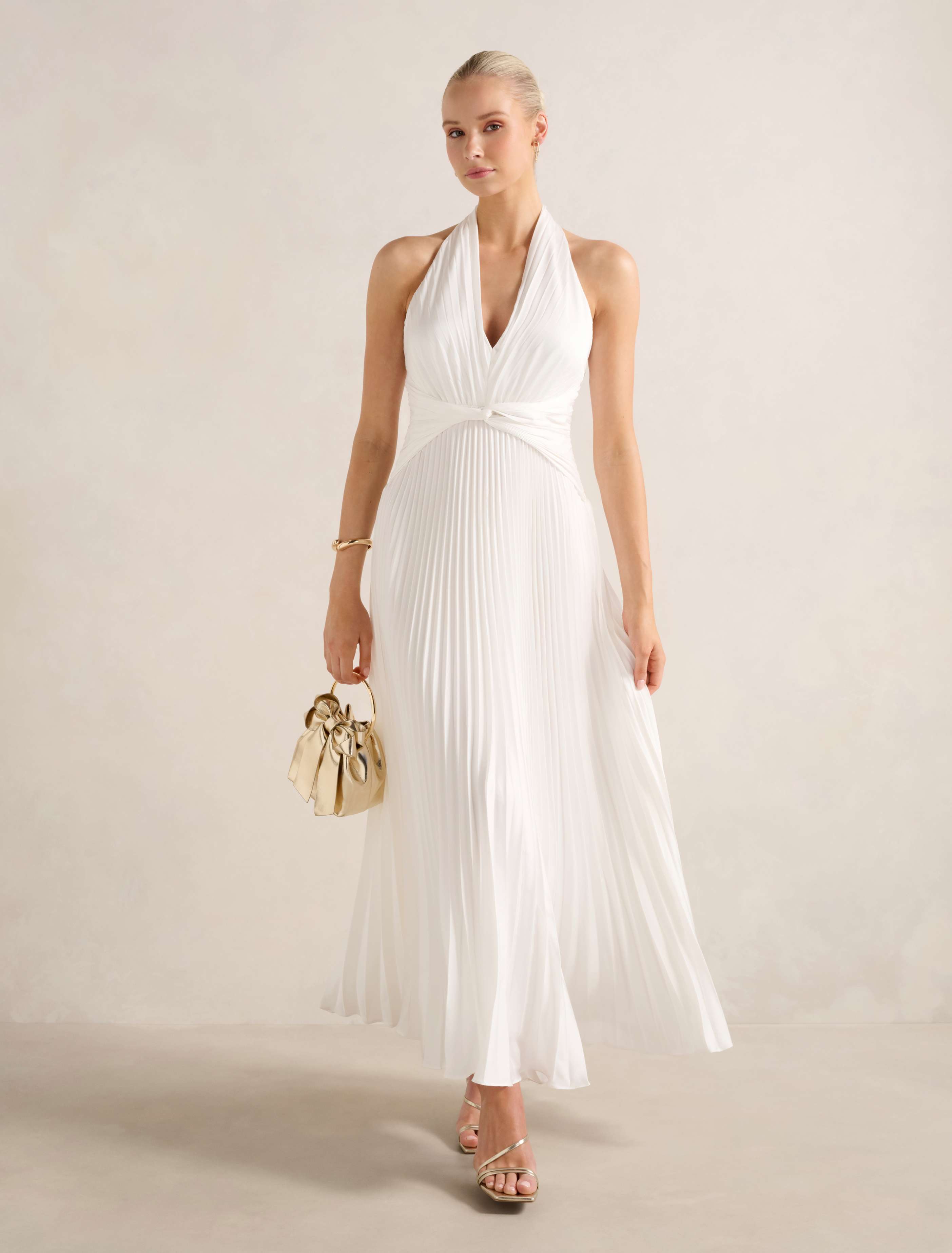 Natasha Pleated Satin Halter Maxi Dress