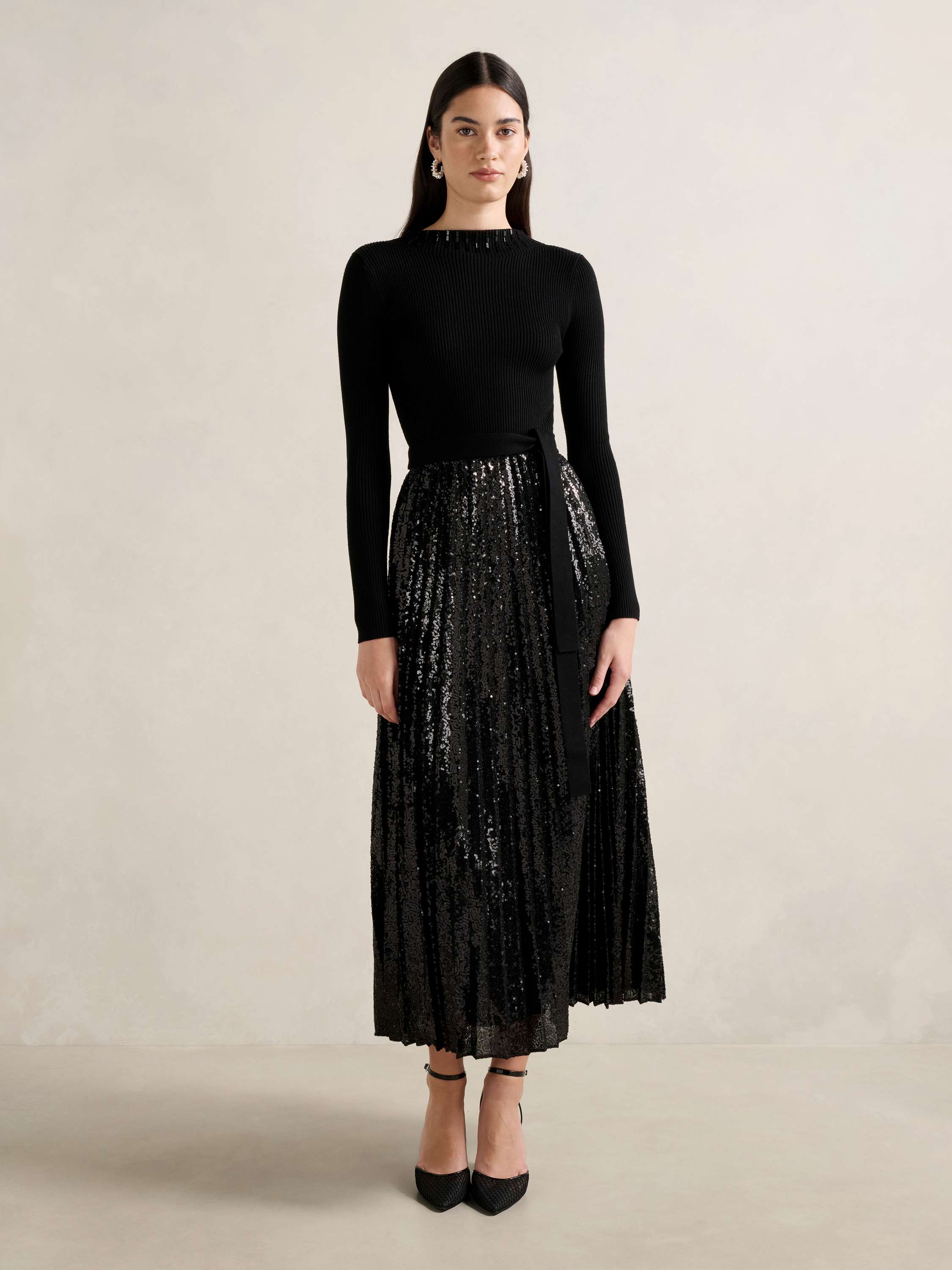 Lina Sequin Pleat Knit Midi Dress