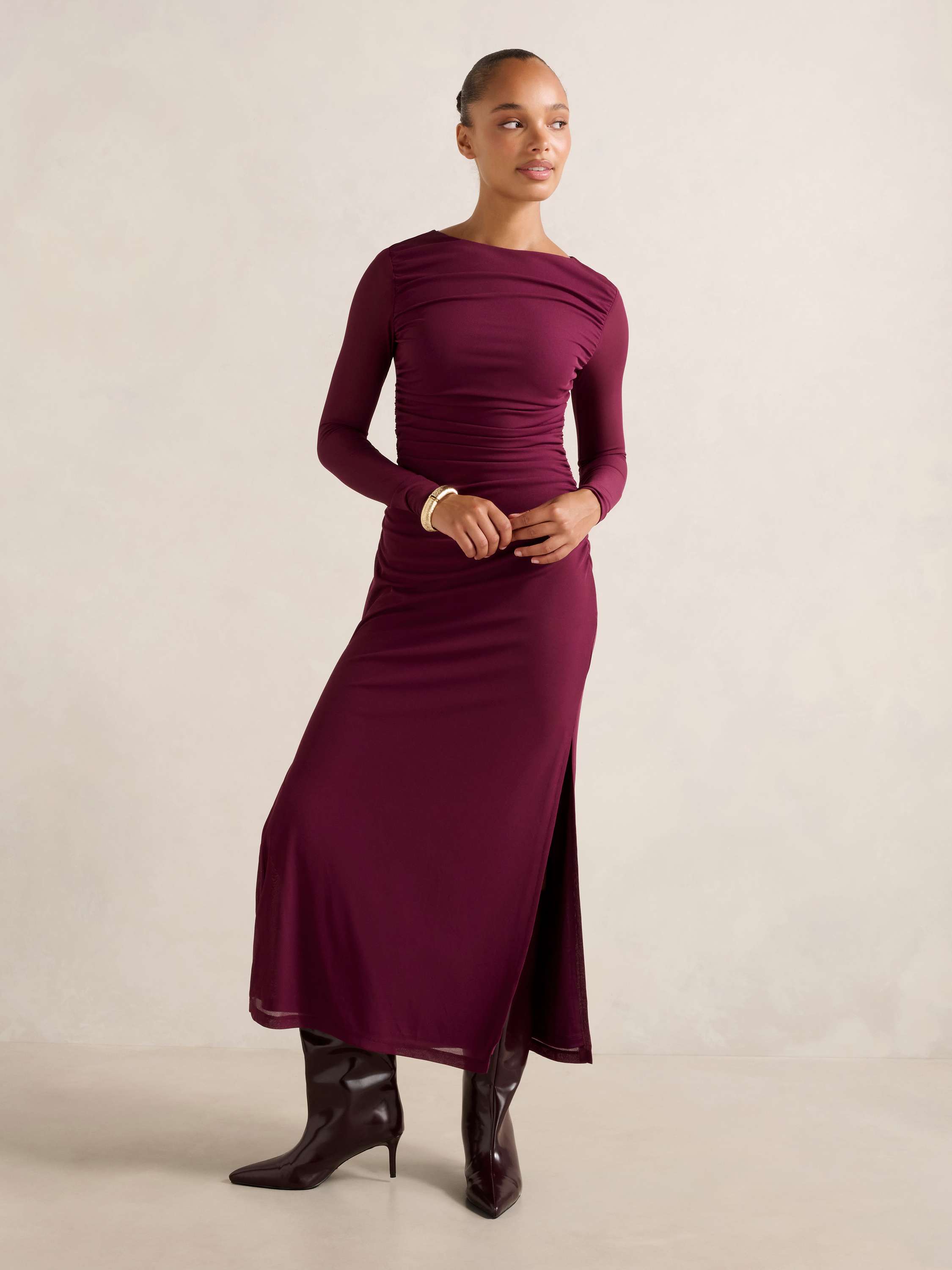 Brittany Gathered Mesh Midi Dress
