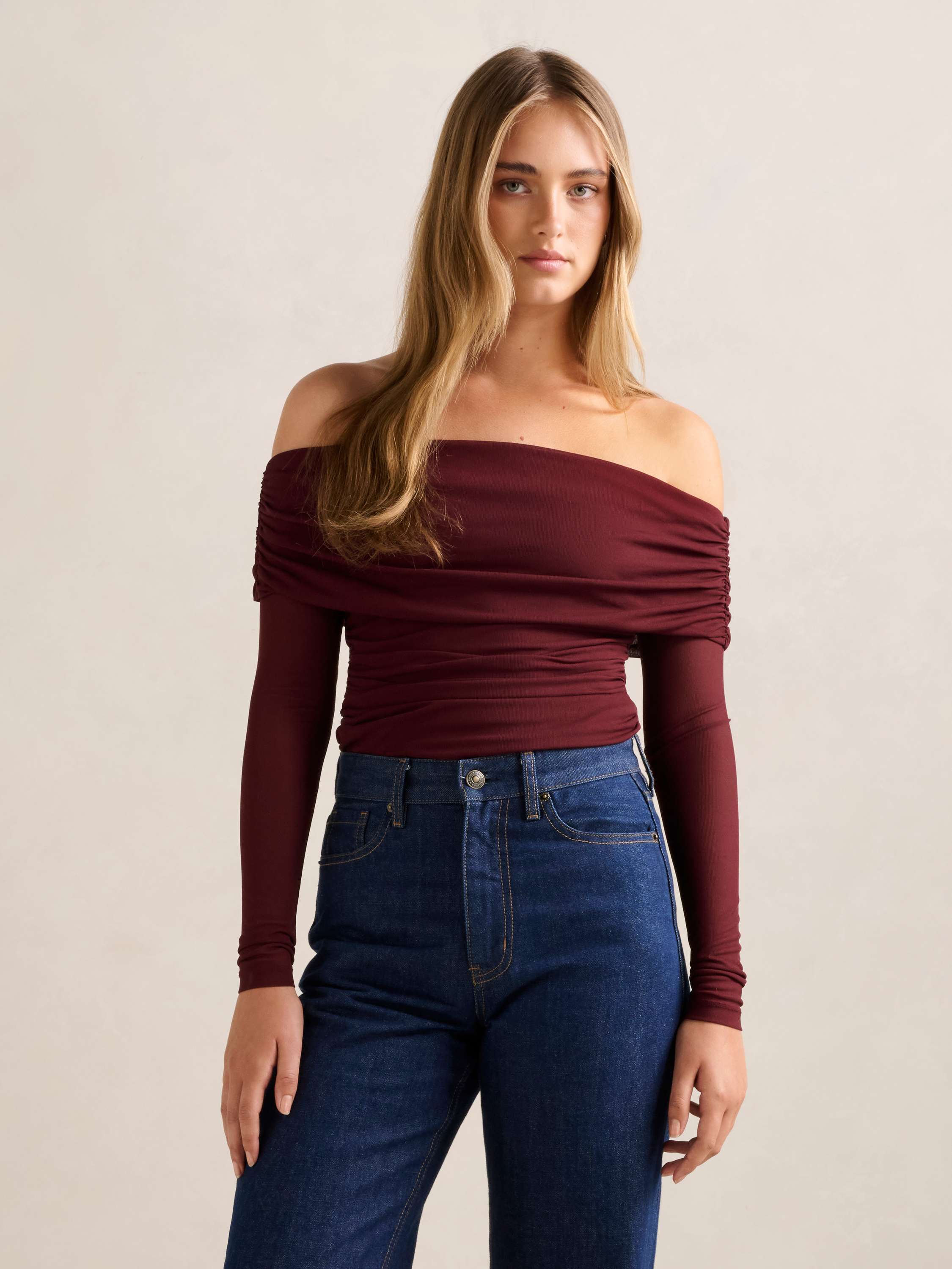 Kaia Ruched Mesh Bardot Top
