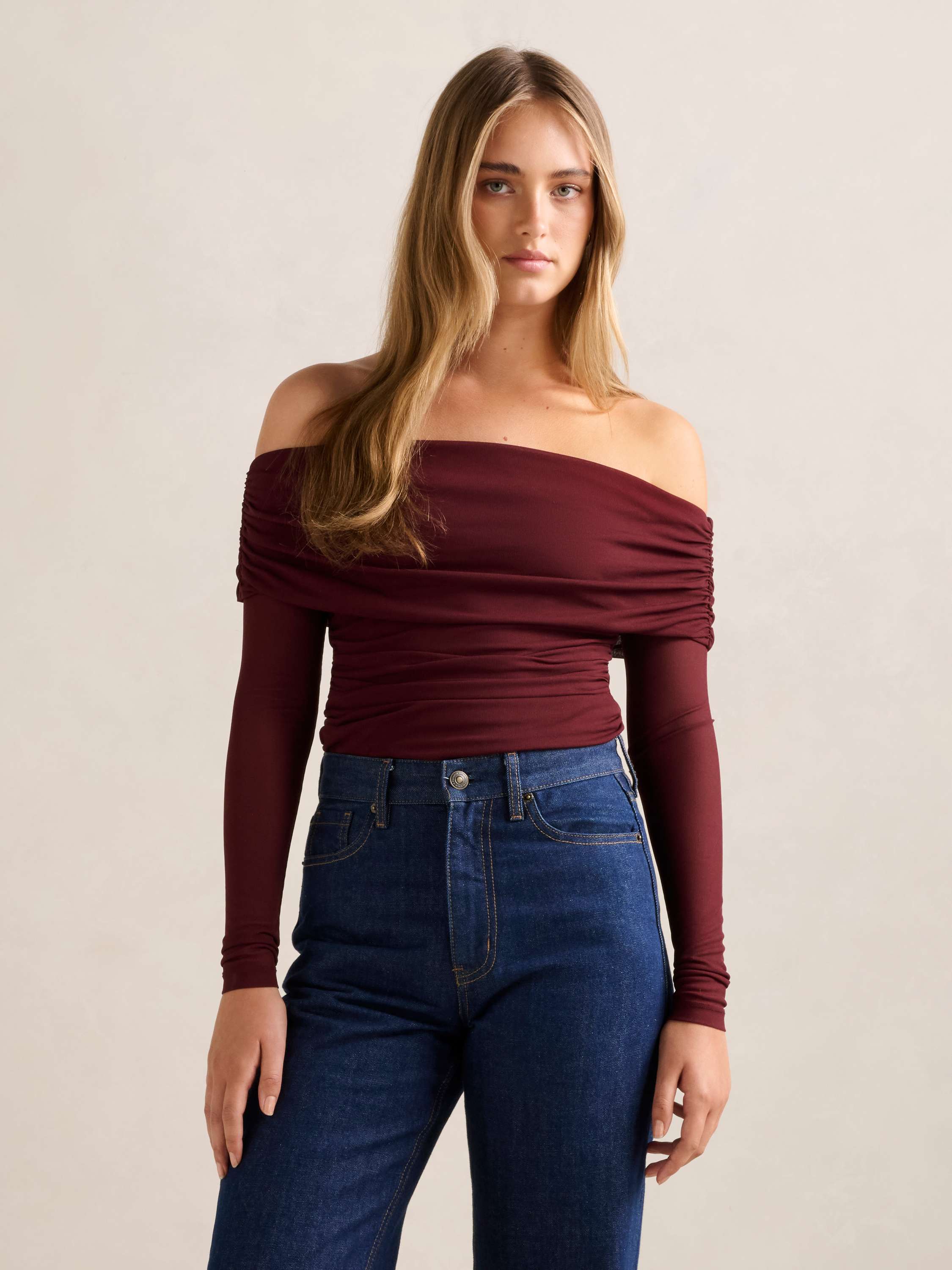 Kaia Ruched Mesh Bardot Top
