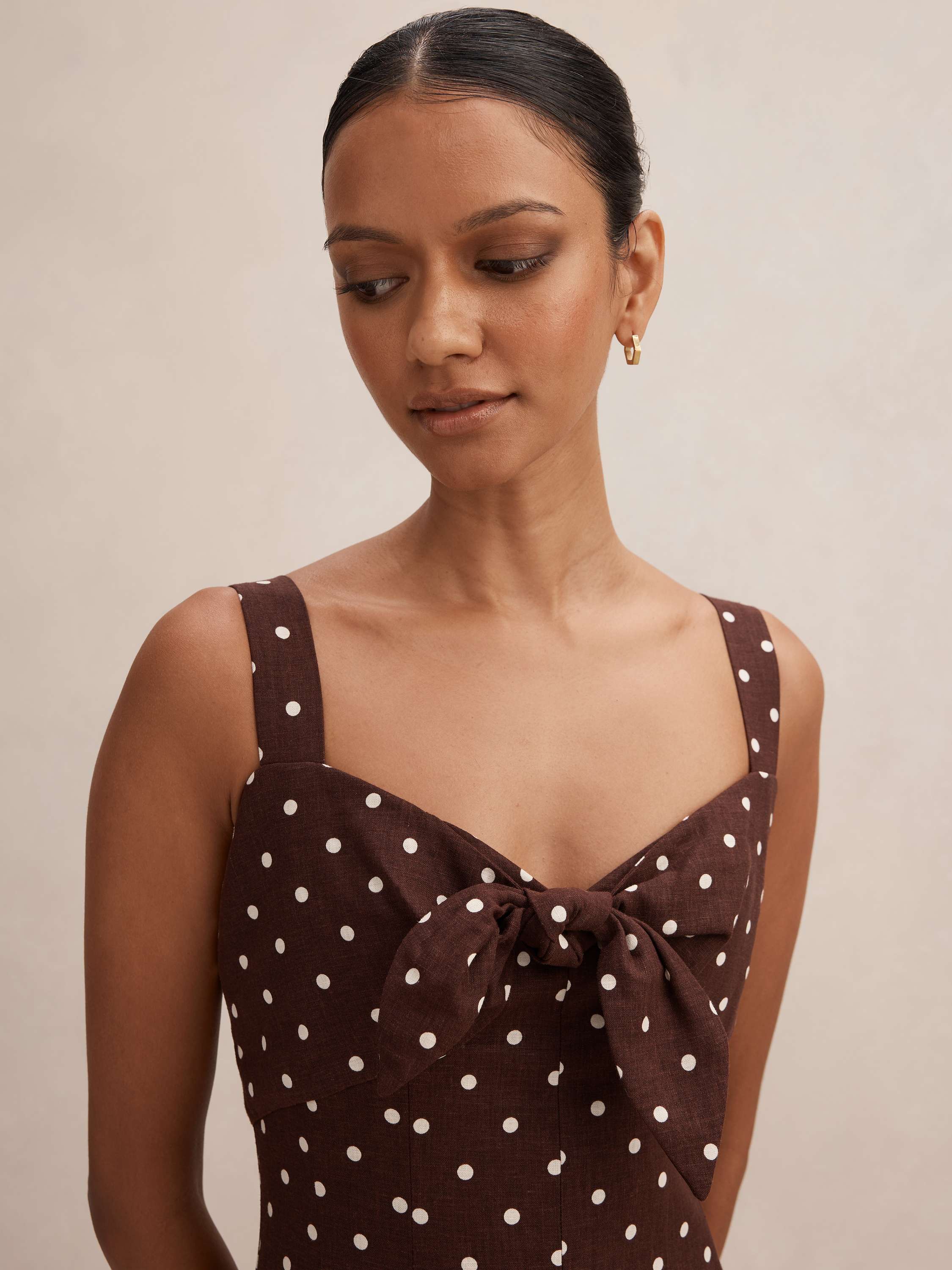 Buy Kara Petite Tie Front Linen Midi Dress - Brown - Online