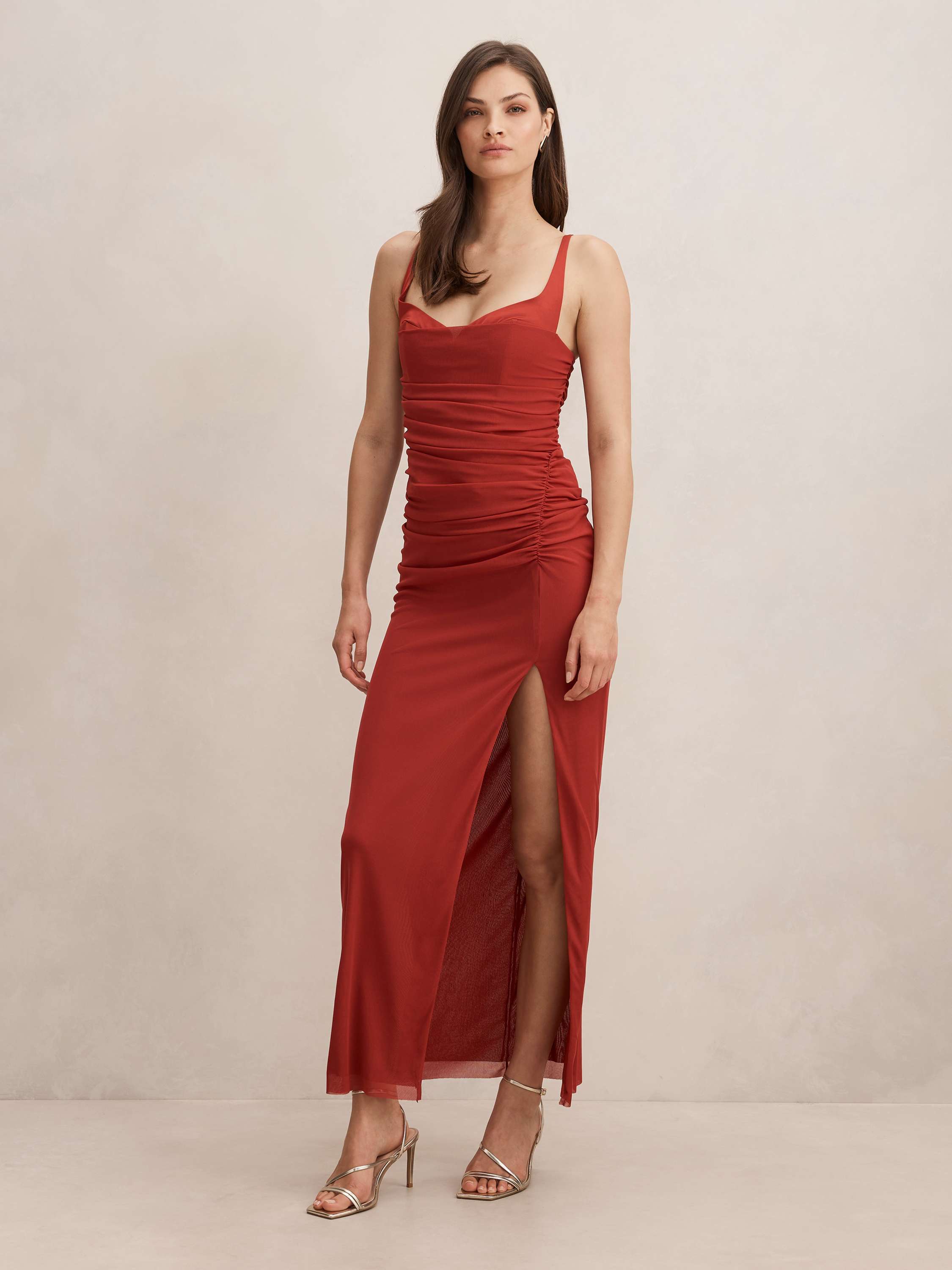Buy Evie Ruched Mesh bodycon Midi Dress - Red - Online | Forever New