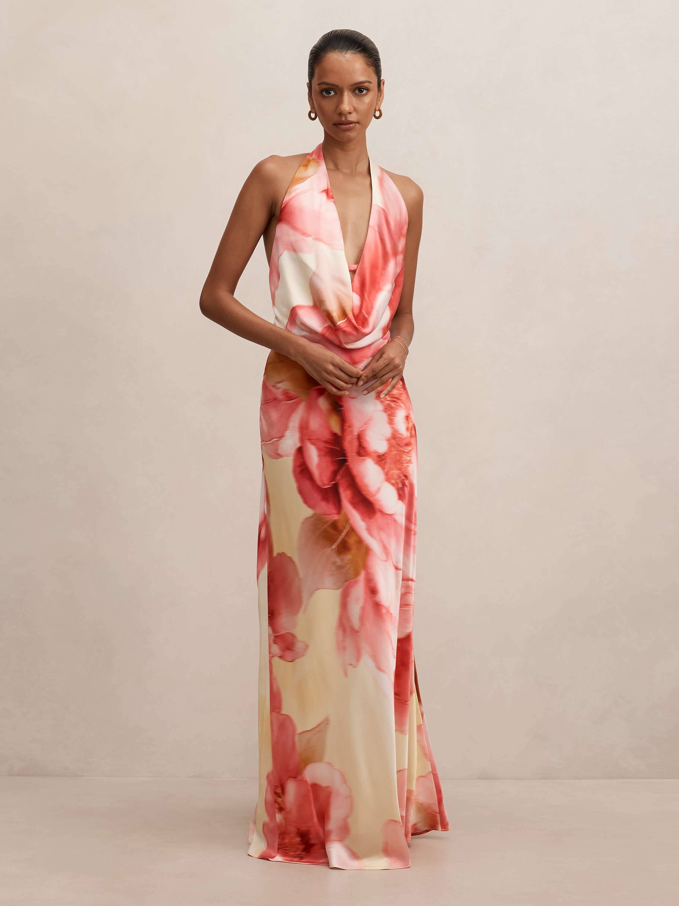 Becca Petite Cowl Halter Satin Gown