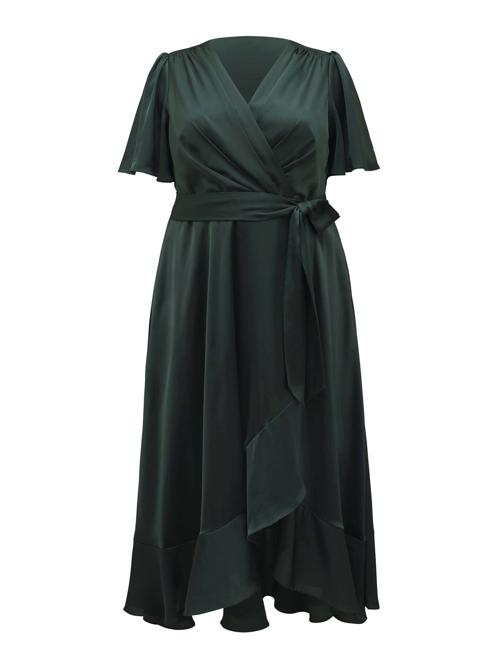 Buy Dark Green Sienna Curve Satin Wrap Ruffle Dress Online
