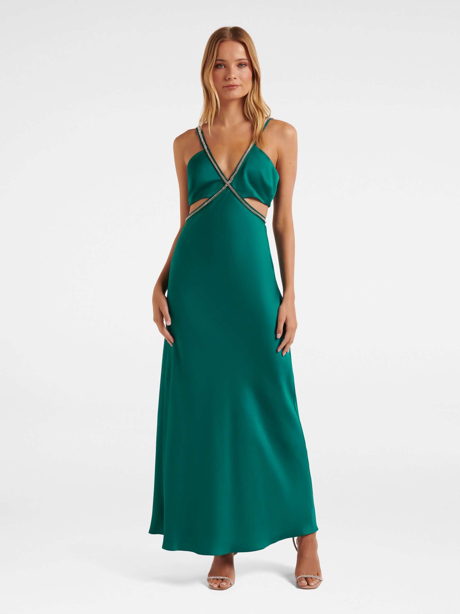 Buy Green Anika Satin Diamante Trim Maxi Dress Online Buy Green Anika Satin Diamante Trim Maxi Dress Online