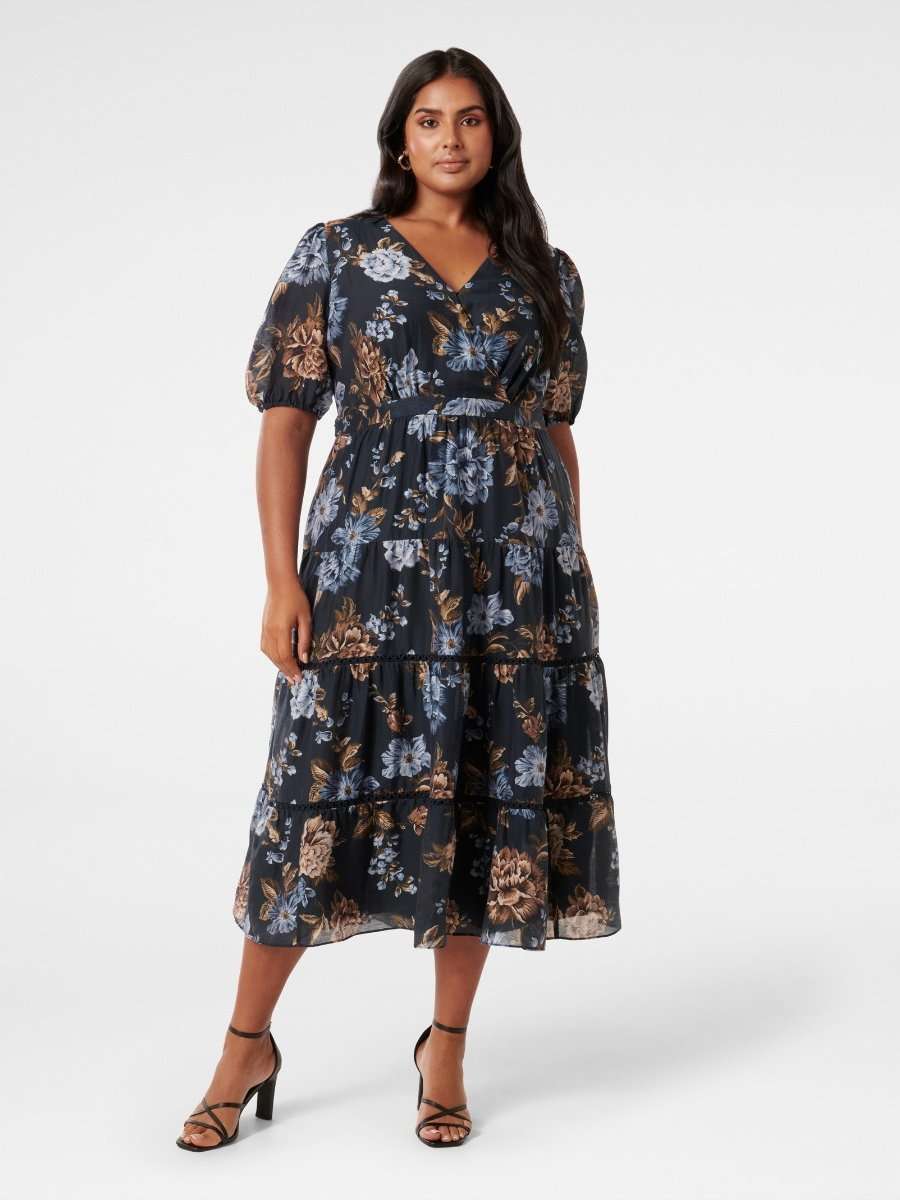 Buy Navy Hastings Floral Tiana Curve Wrap Trim Midi Dress Online