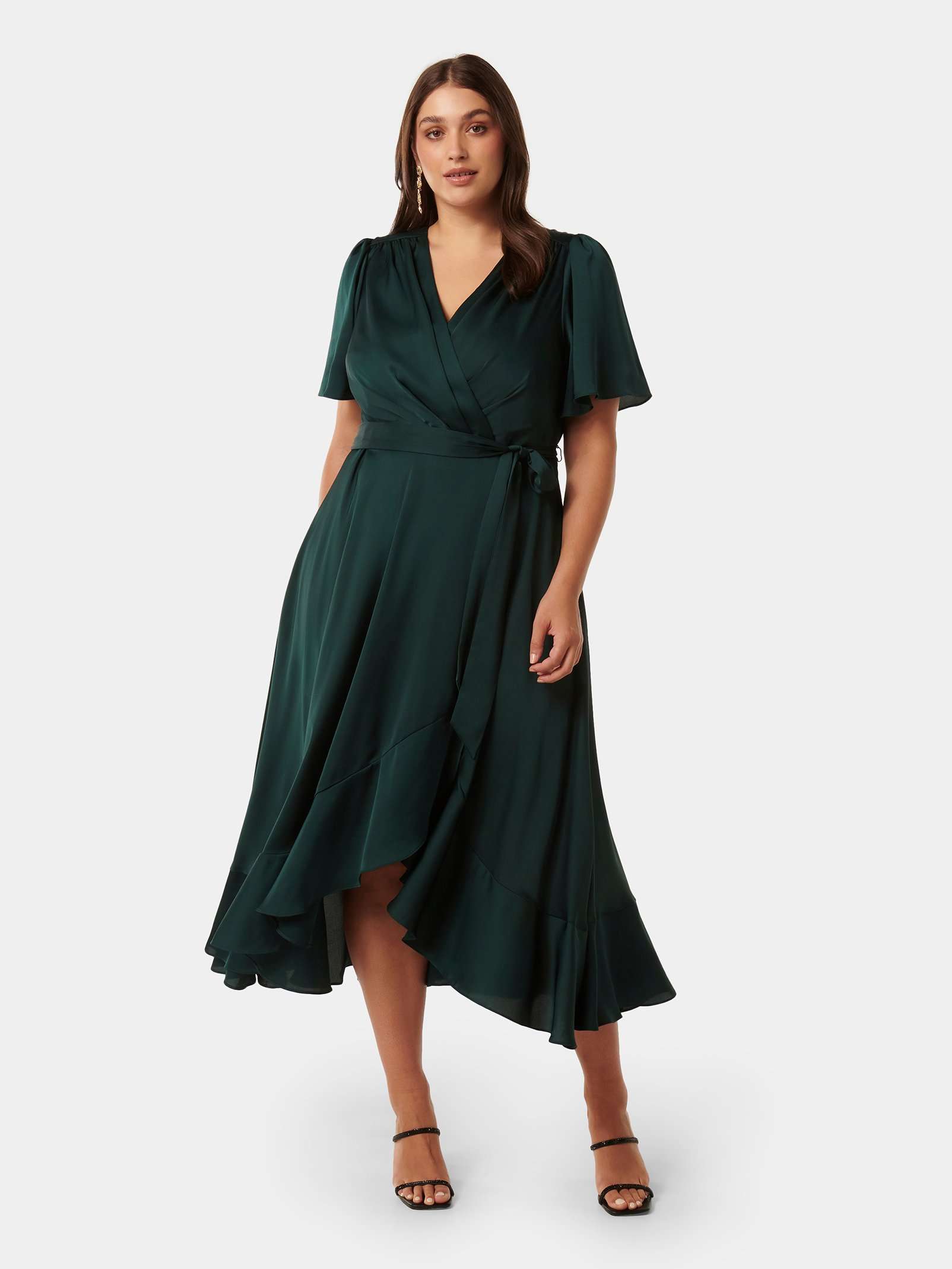 Buy Dark Green Sienna Curve Satin Wrap Ruffle Dress Online Buy Dark Green Sienna Curve Satin Wrap Ruffle Dress Online