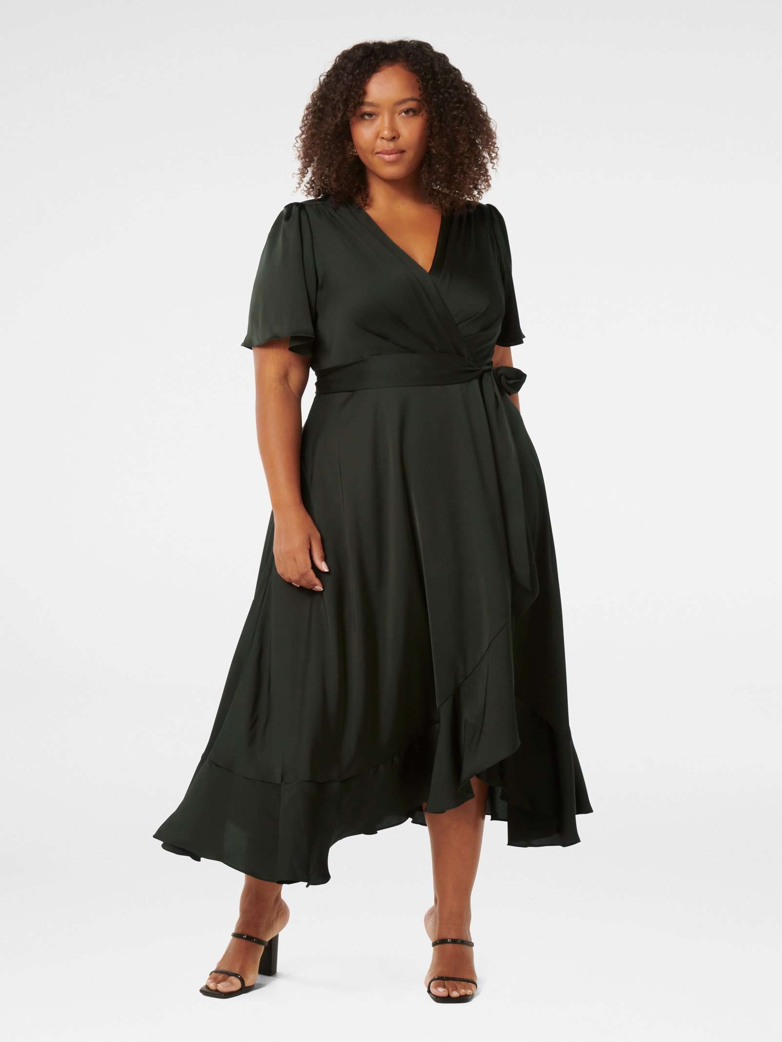 Sienna Curve Satin Wrap Ruffle Dress
