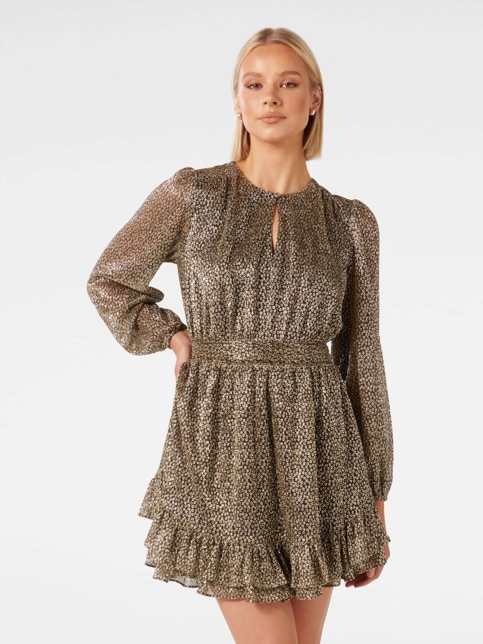 Buy Black/Gold Goldie Long Sleeve Plisse Mini Dress Online Buy Black/Gold Goldie Long Sleeve Plisse Mini Dress Online