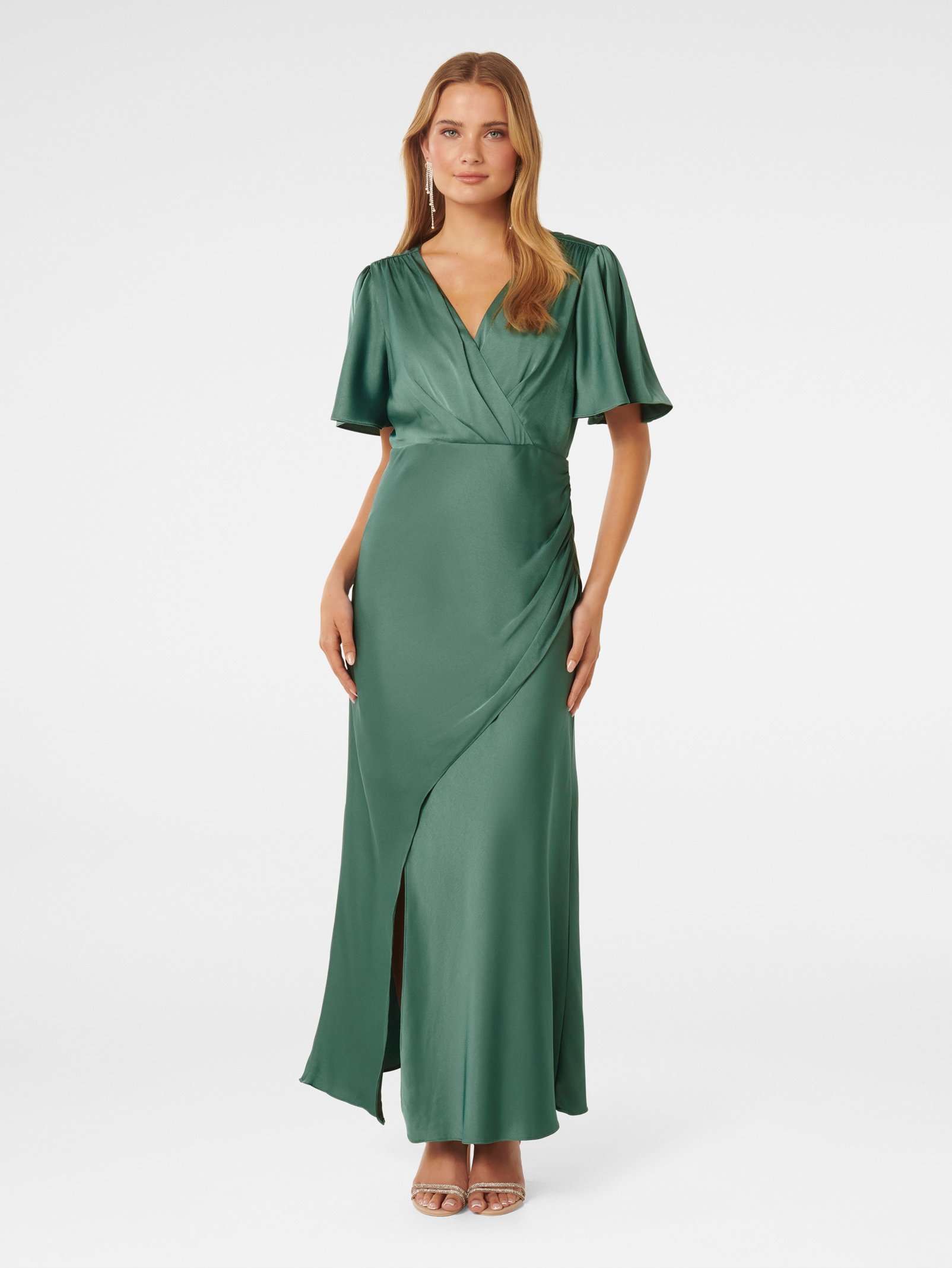 Buy Burning Sage Chelsea Flutter Sleeve Satin Maxi Dress Online