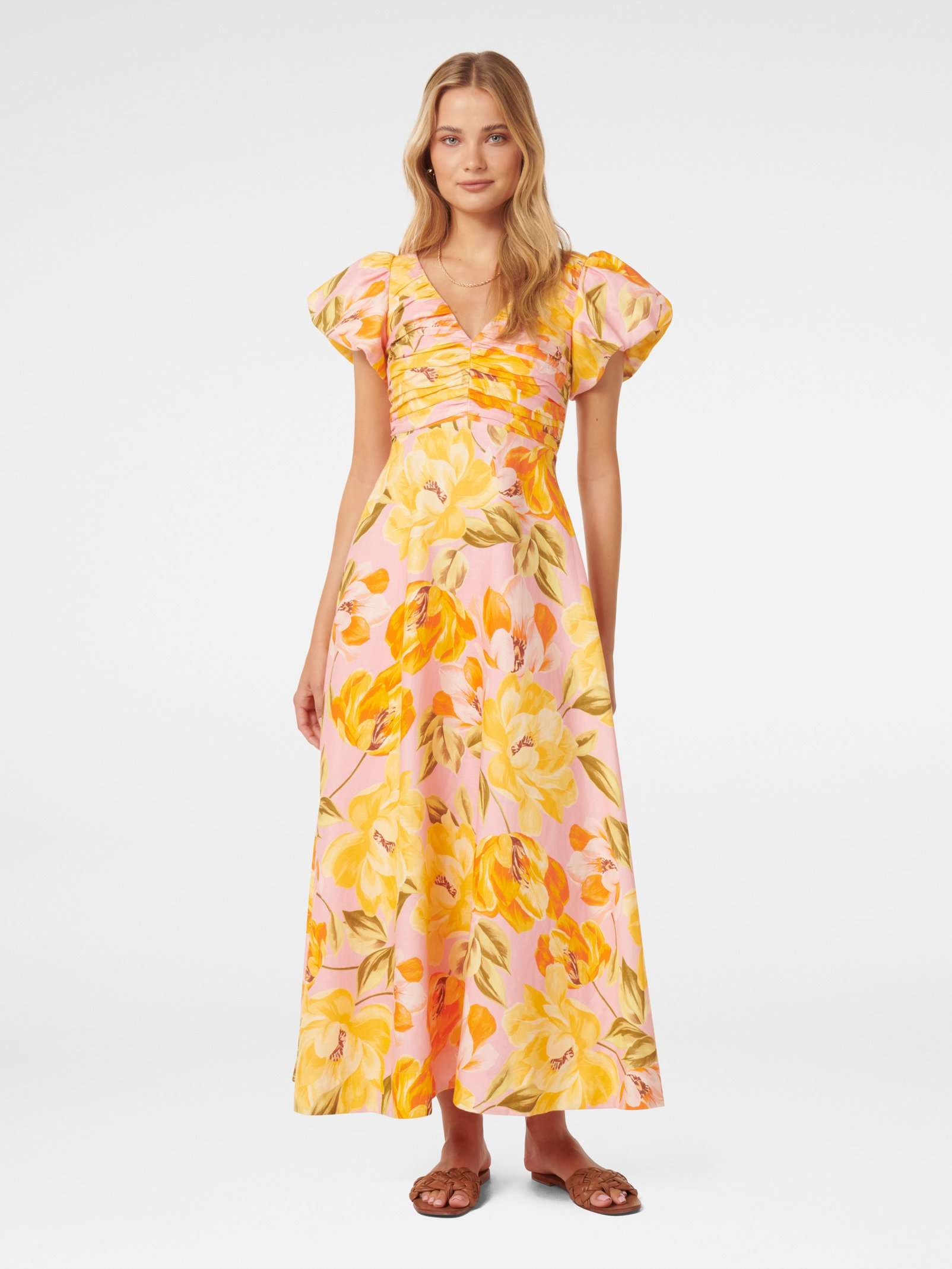 Buy Pink Wright Floral June Ruched Linen Midi Dress Online