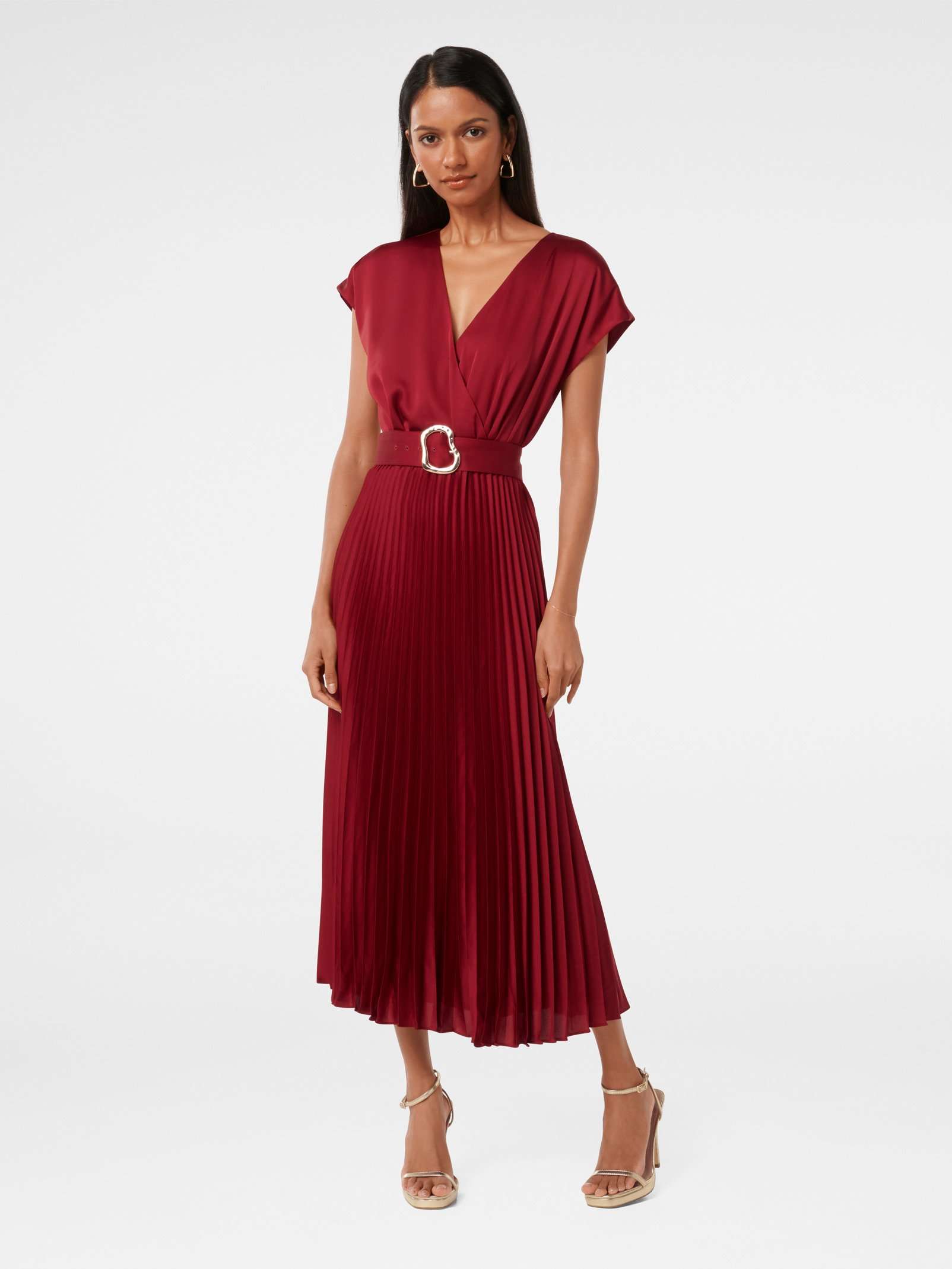 strapless open back dress Satin Pleated Skirt Wrap Midi Dress - Red