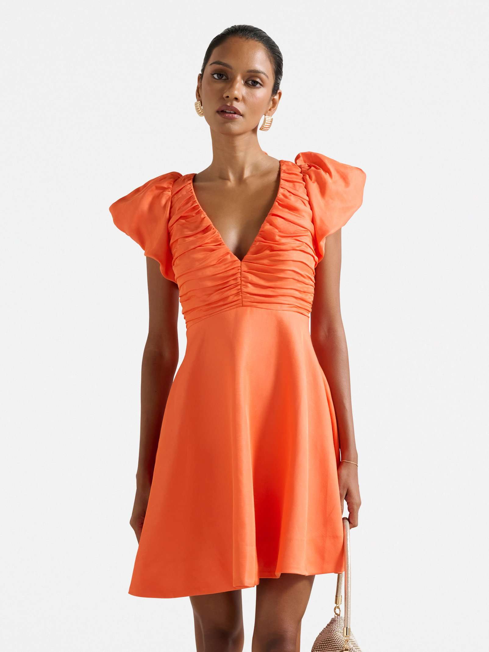 June Petite Ruched V Neck Mini Dress