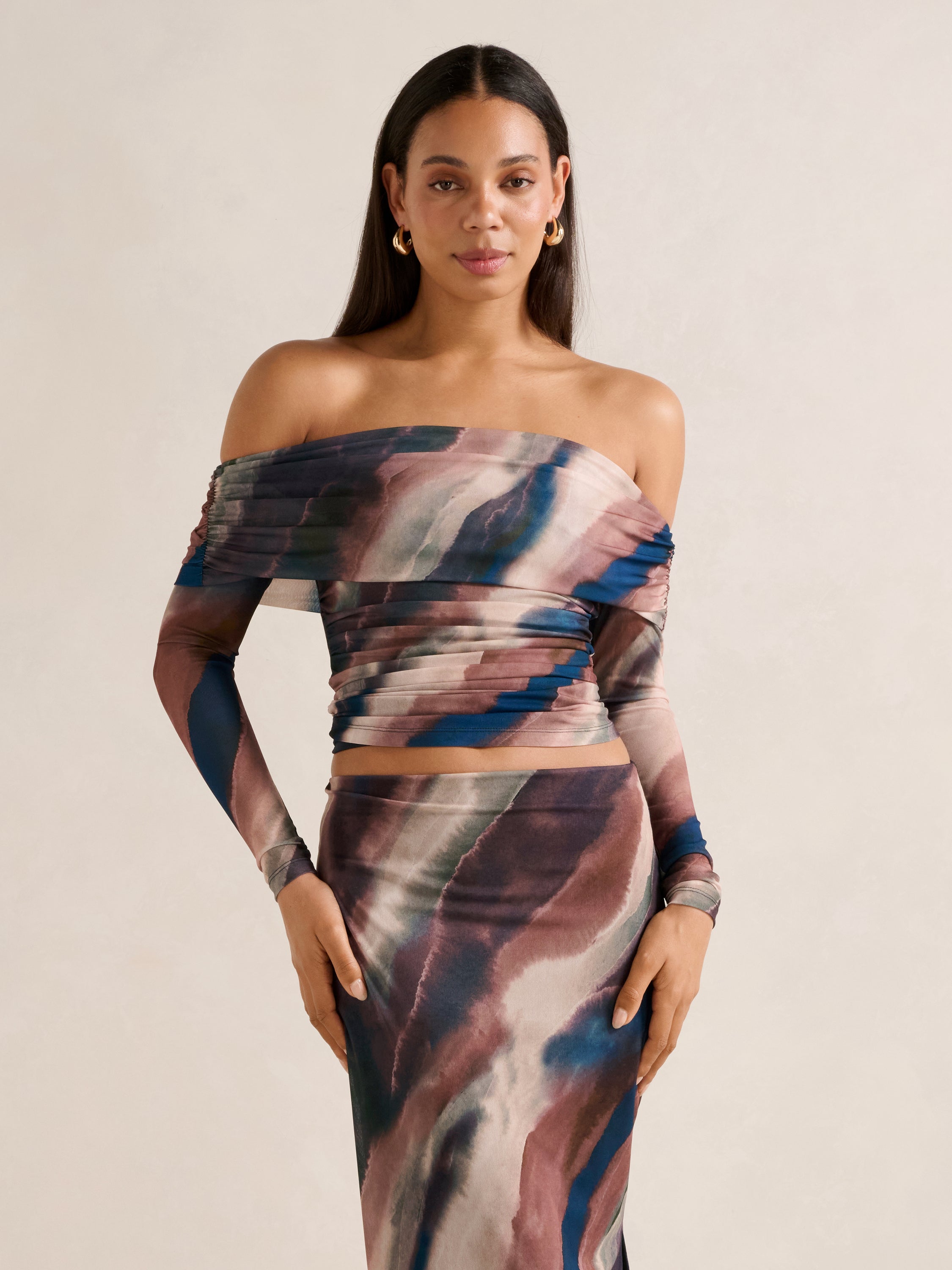 Kaia Ruched Mesh Bardot Top