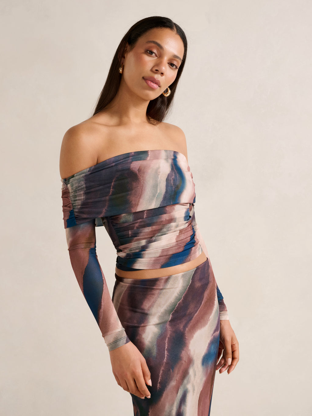 Kaia Ruched Mesh Bardot Top