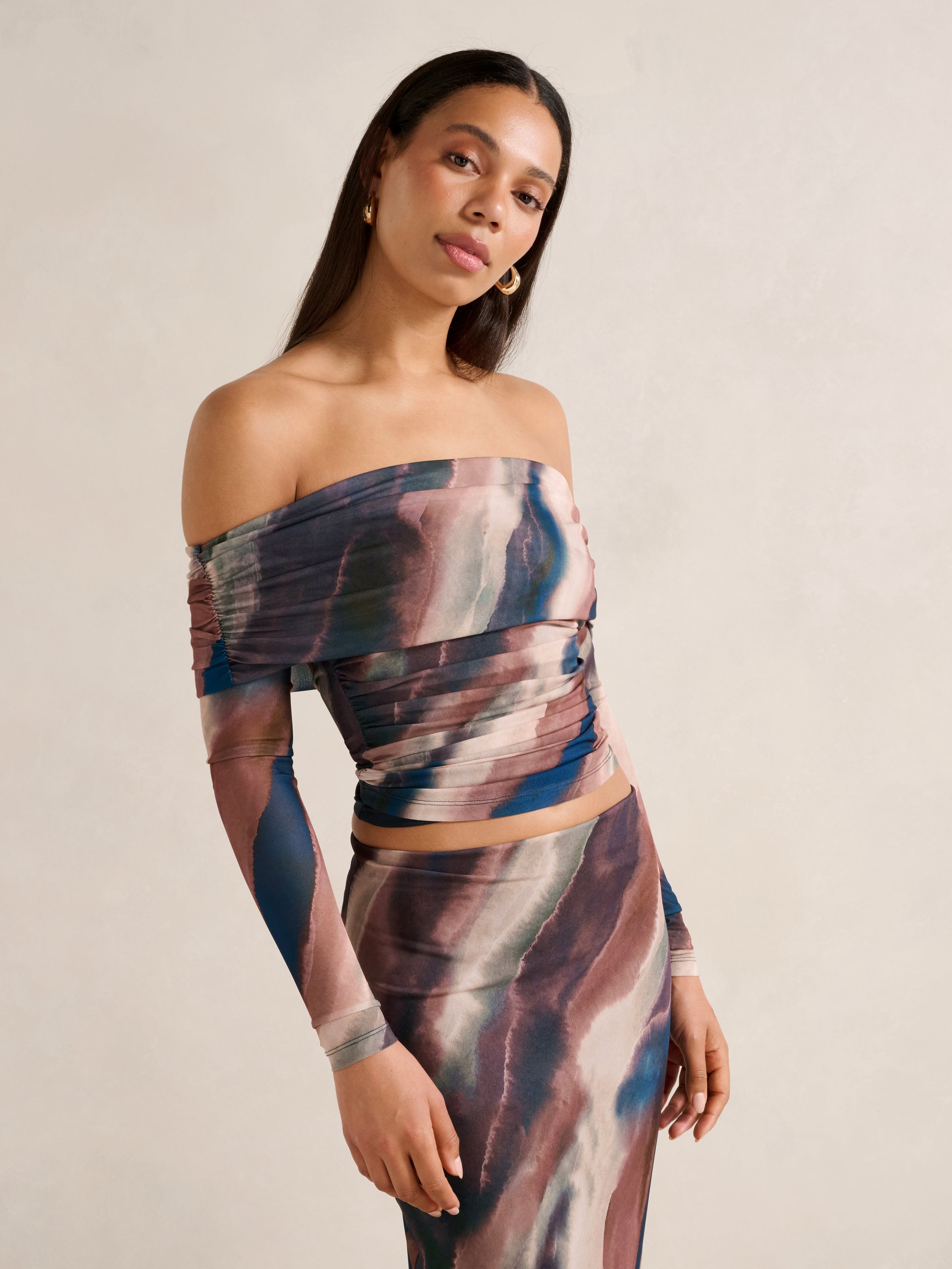 Kaia Ruched Mesh Bardot Top