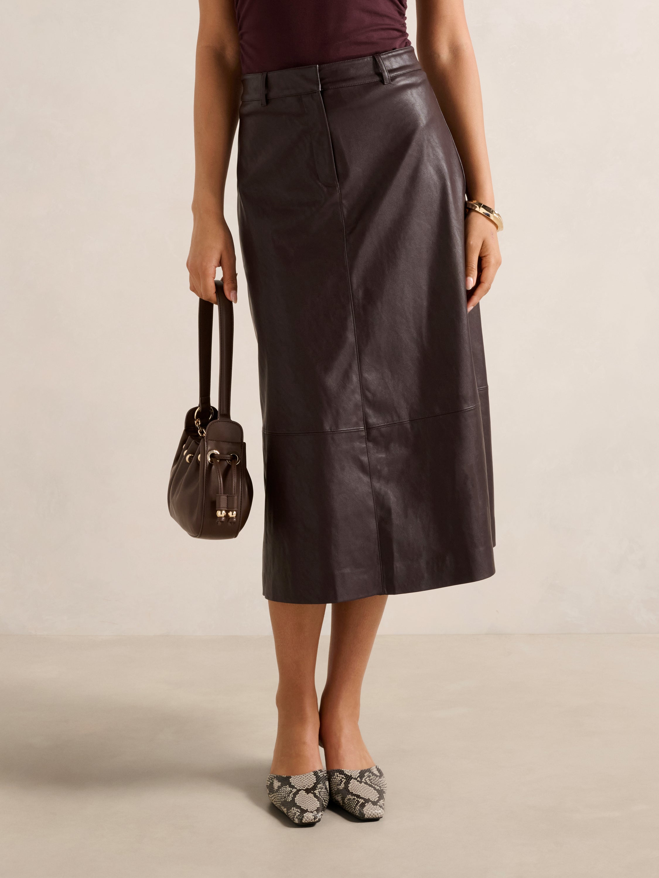Jaelyn Vegan Leather Midi Skirt