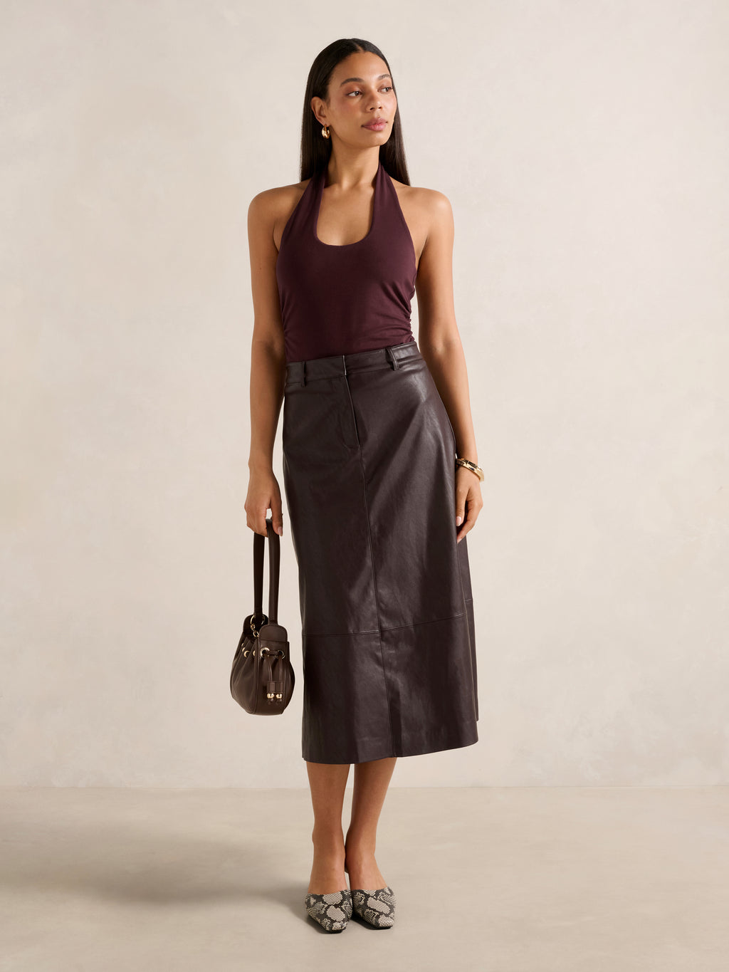 Jaelyn Vegan Leather Midi Skirt
