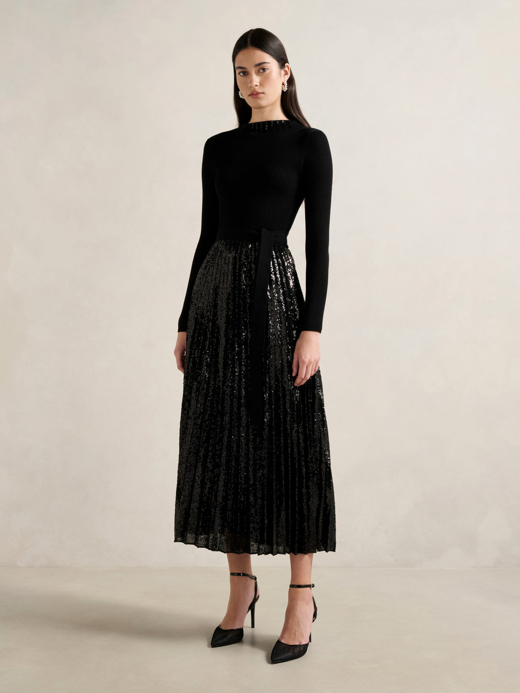 Lina Sequin Pleat Knit Midi Dress