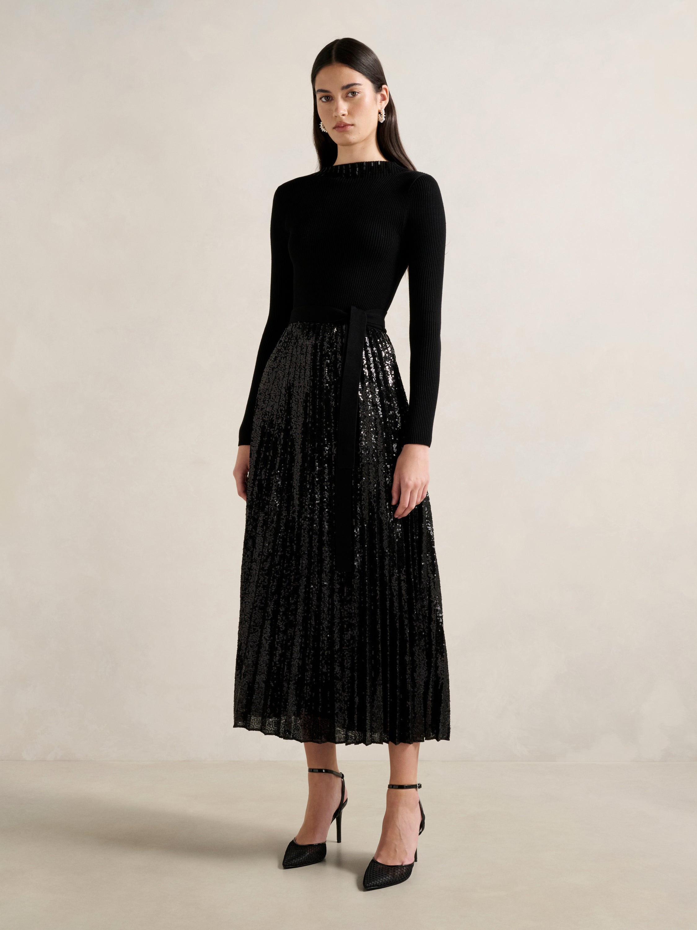Lina Sequin Pleat Knit Midi Dress