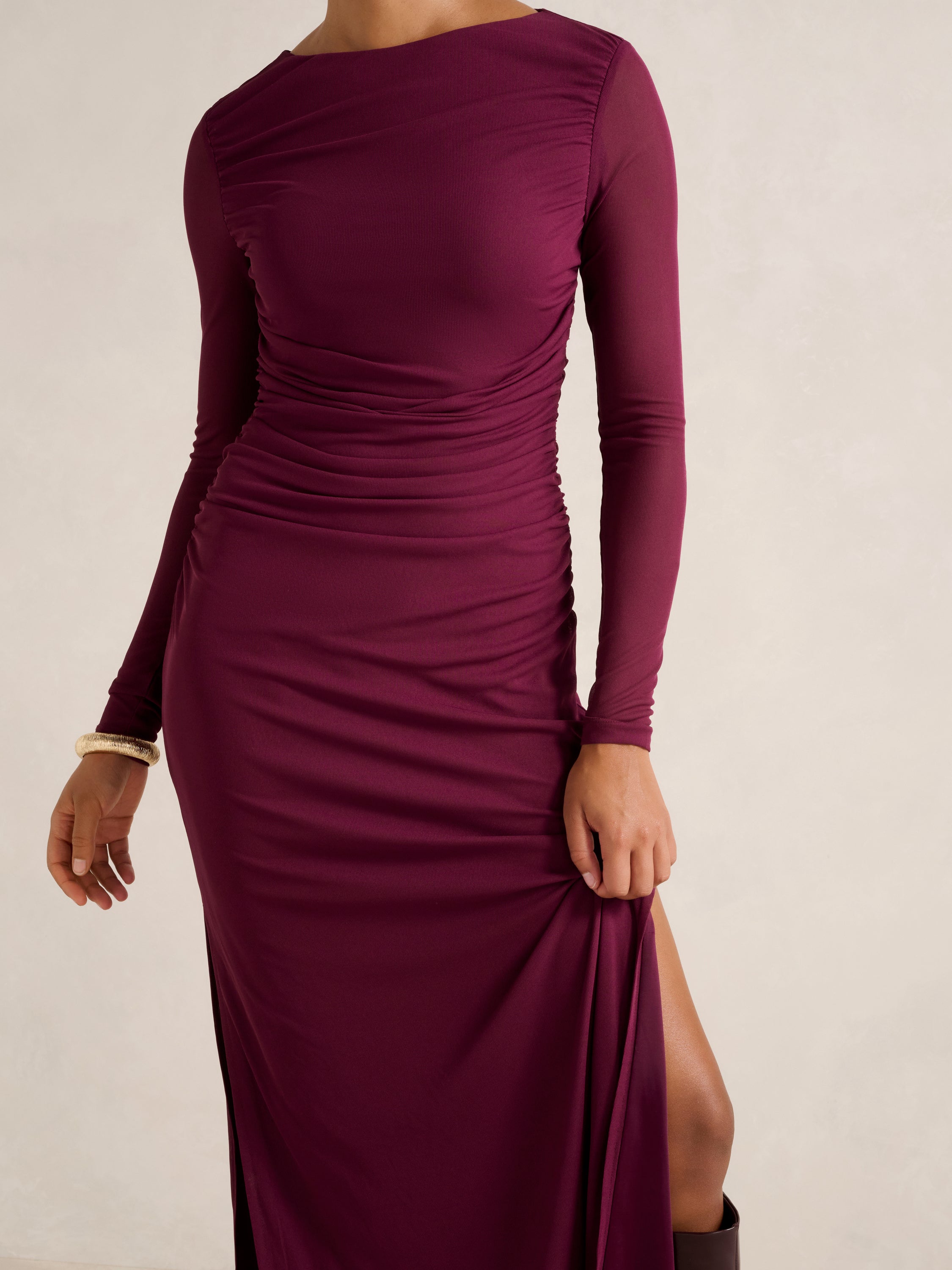 Brittany Gathered Mesh Midi Dress