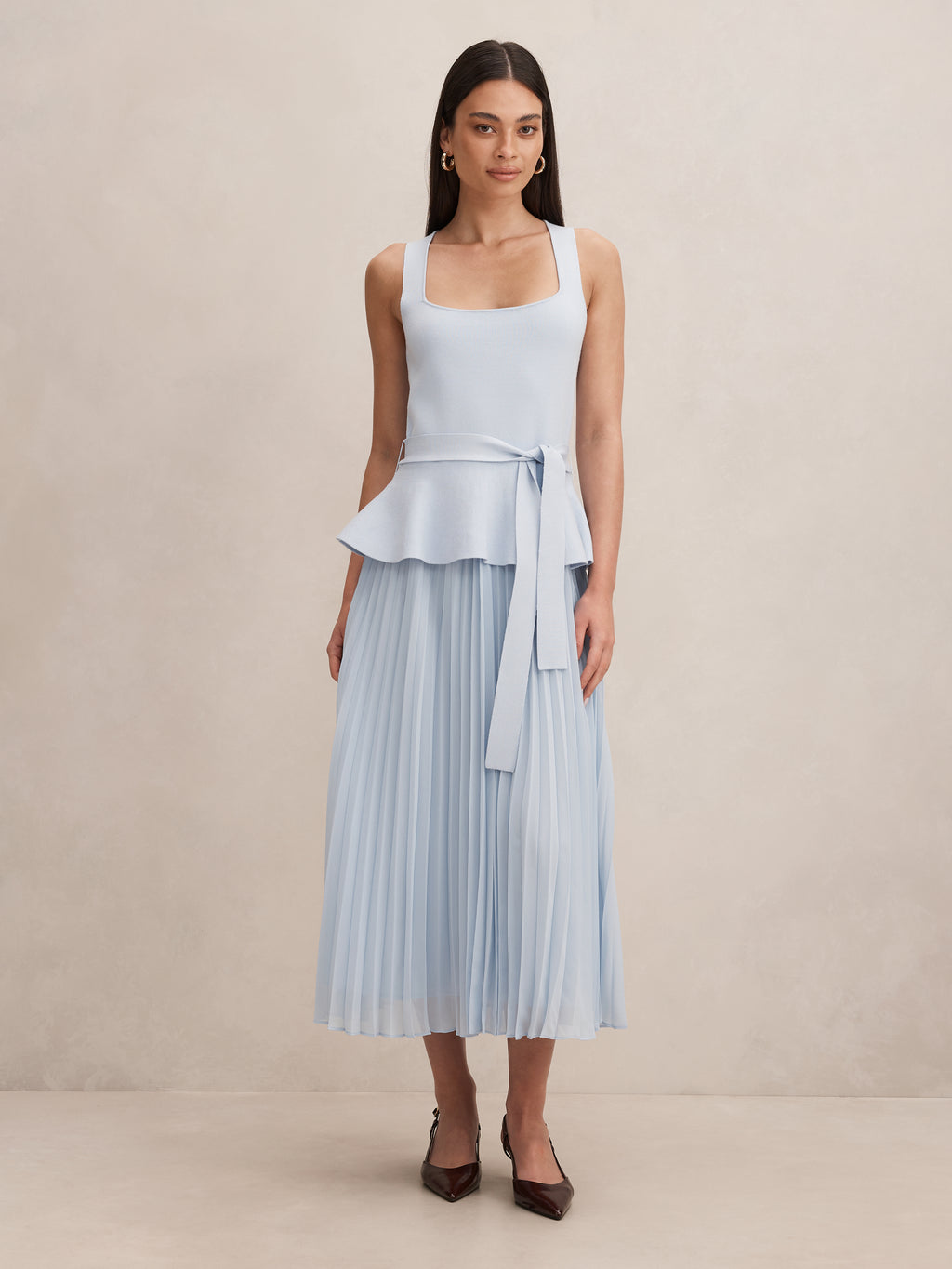 Peony Pleat Mixed Midi Dress