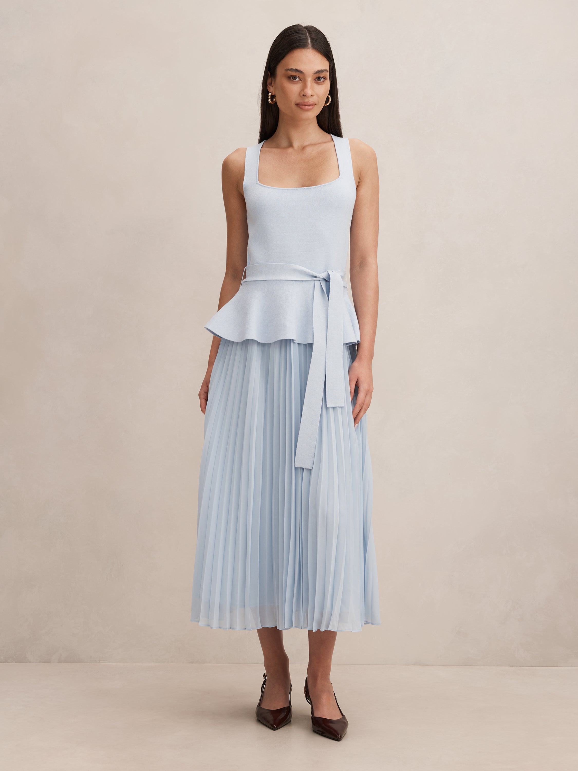 Peony Pleat Mixed Midi Dress
