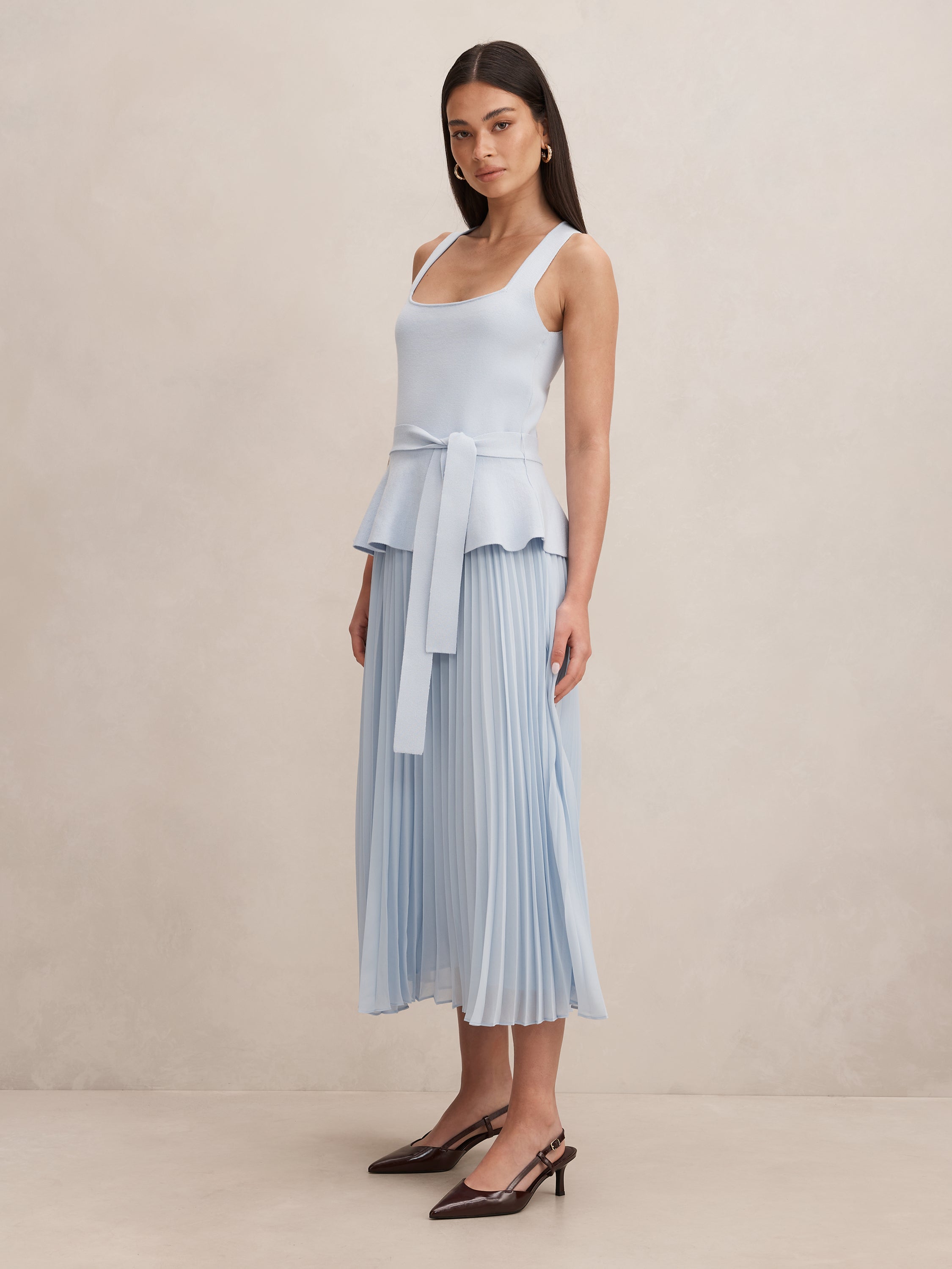Peony Pleat Mixed Midi Dress