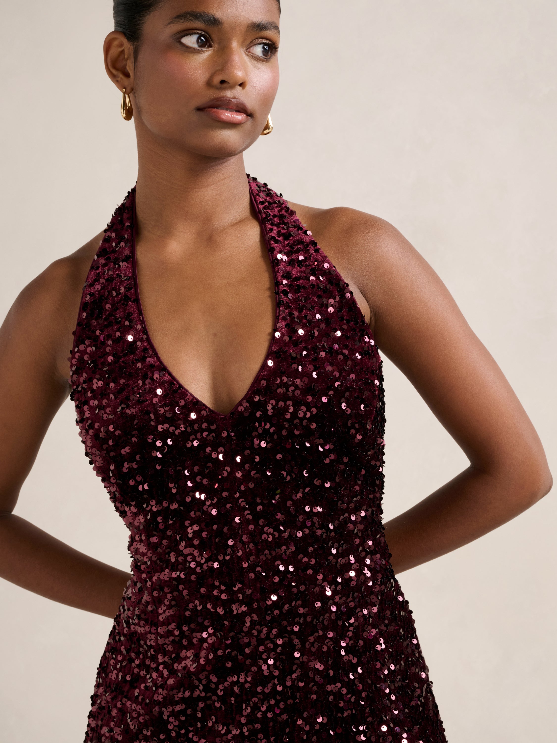 Riley Petite Sequin Halter Mini Dress