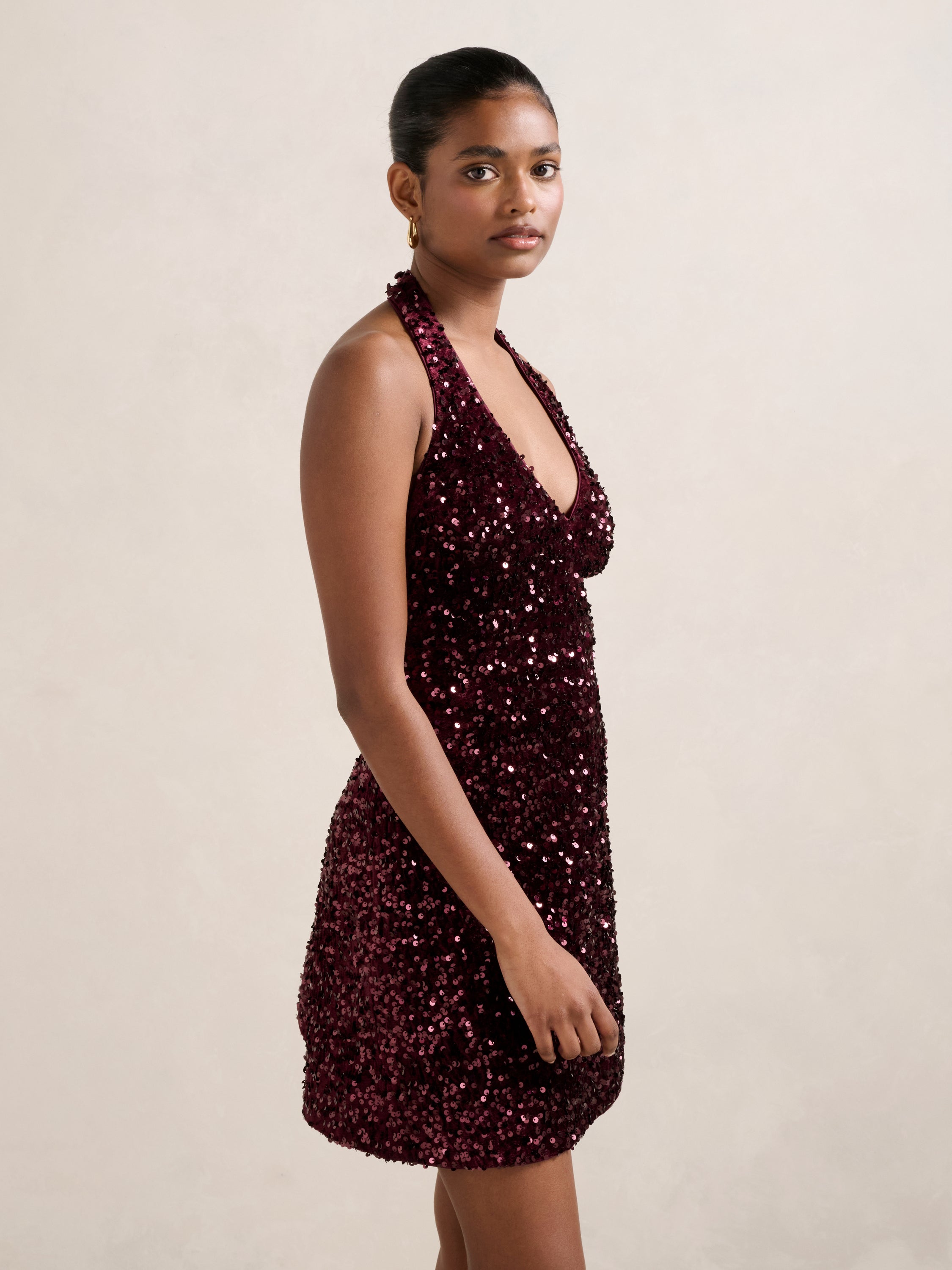 Riley Petite Sequin Halter Mini Dress