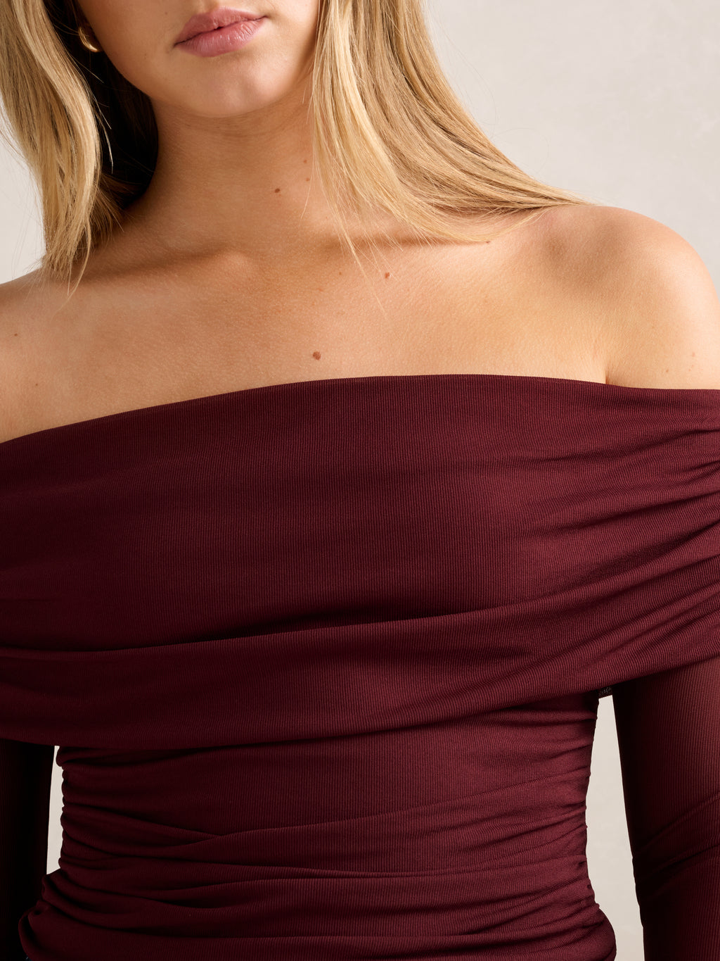 Kaia Ruched Mesh Bardot Top