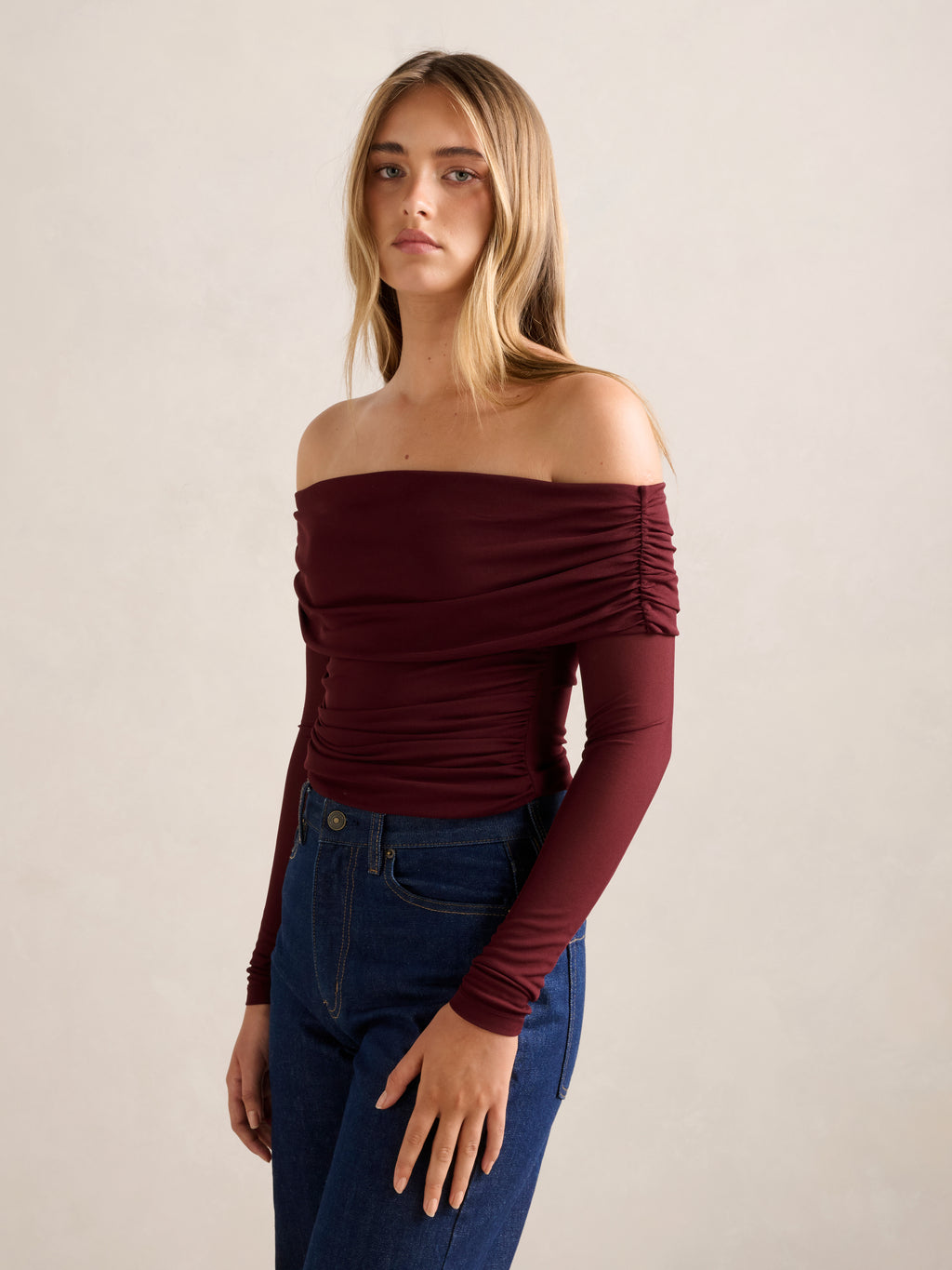 Kaia Ruched Mesh Bardot Top