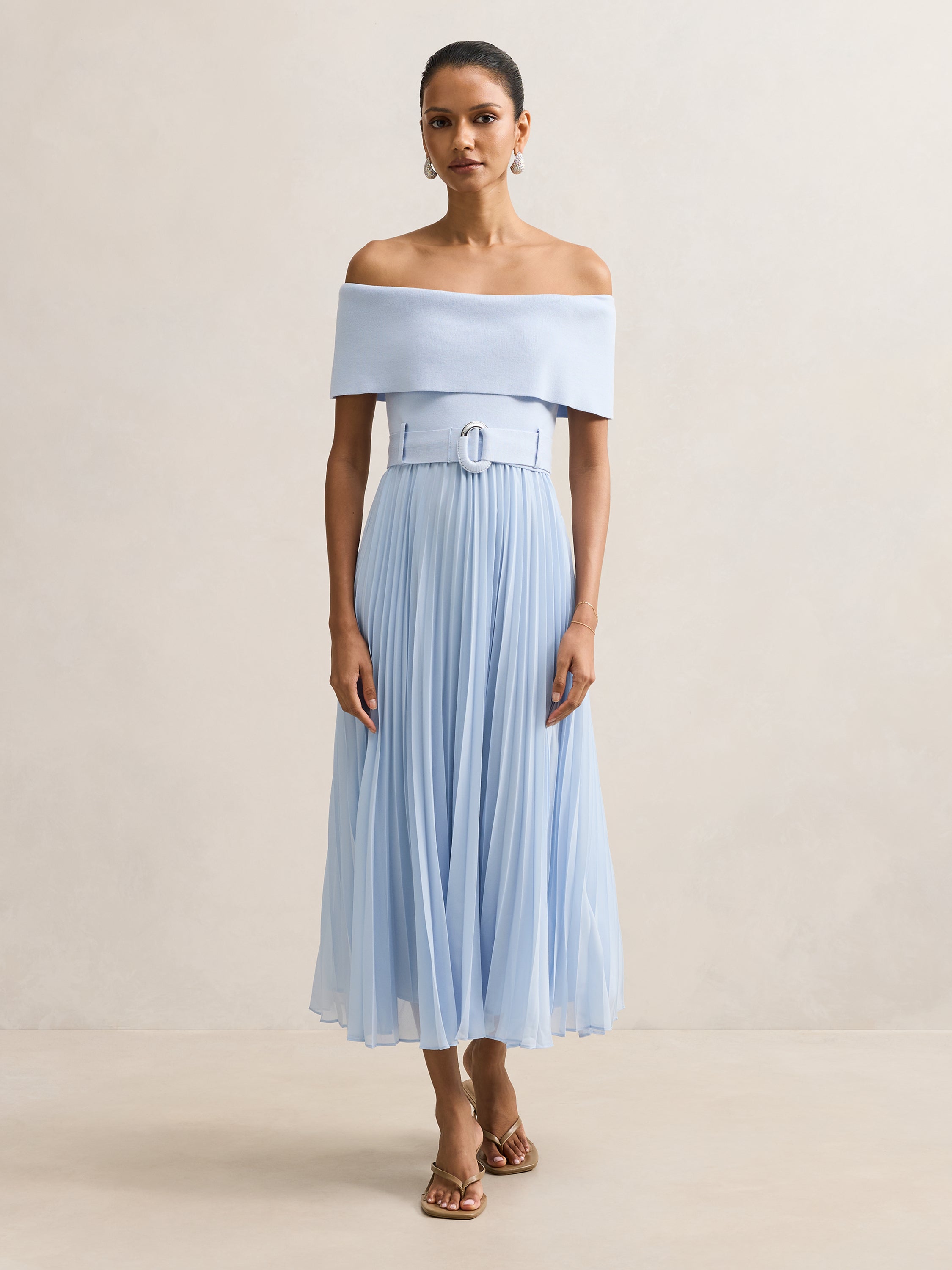 Capri Petite Bardot Pleat Midi Dress