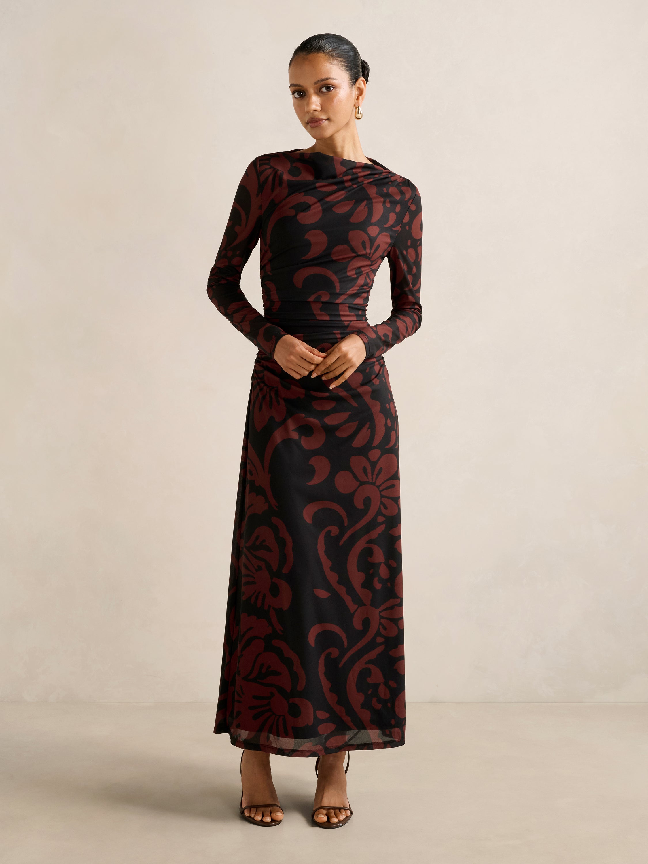 Joni Petite Long Sleeve Mesh Midi Dress