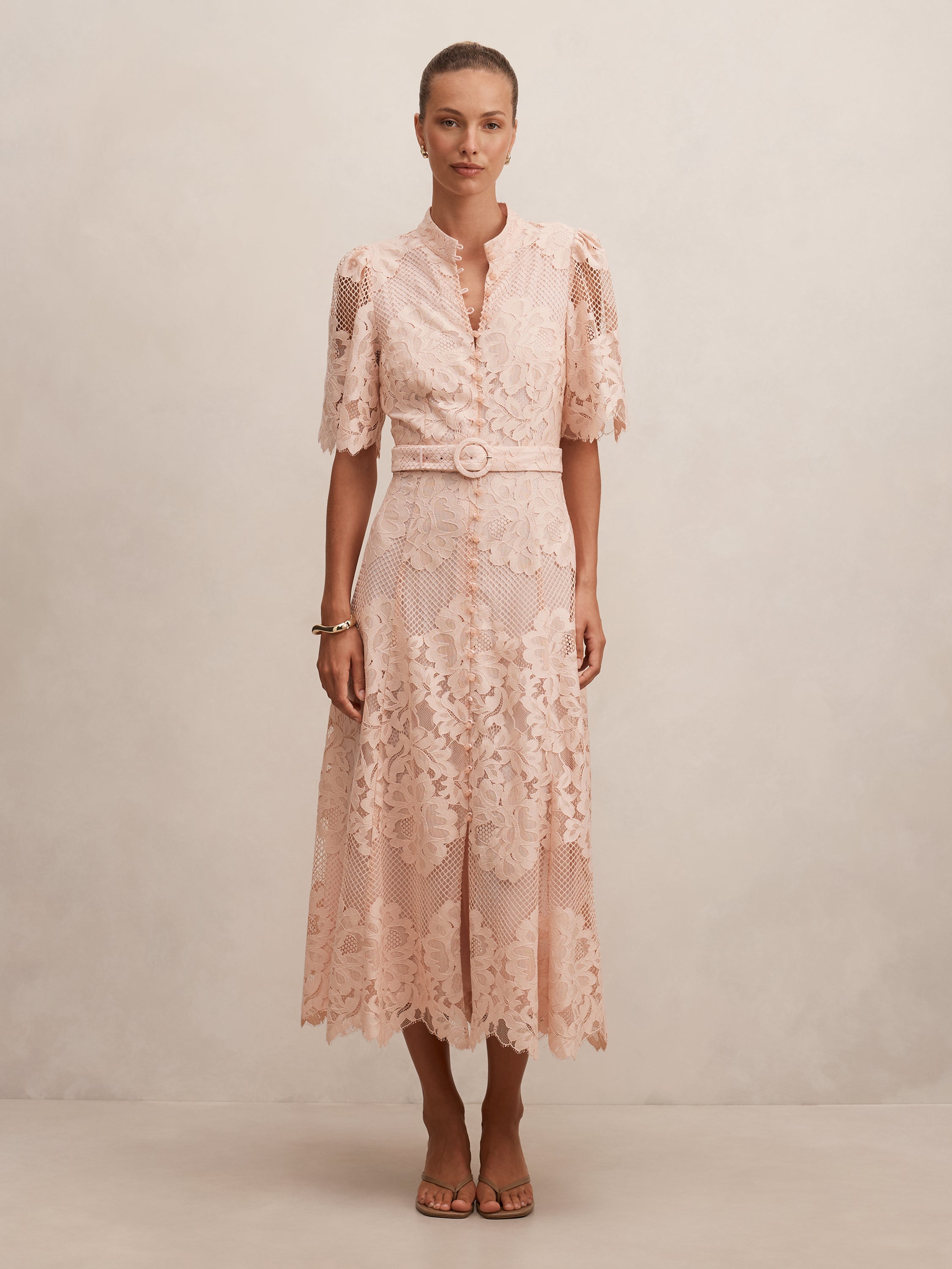 Buy Liberty Flutter Sleeve Lace Midi Dress - Pink - Online