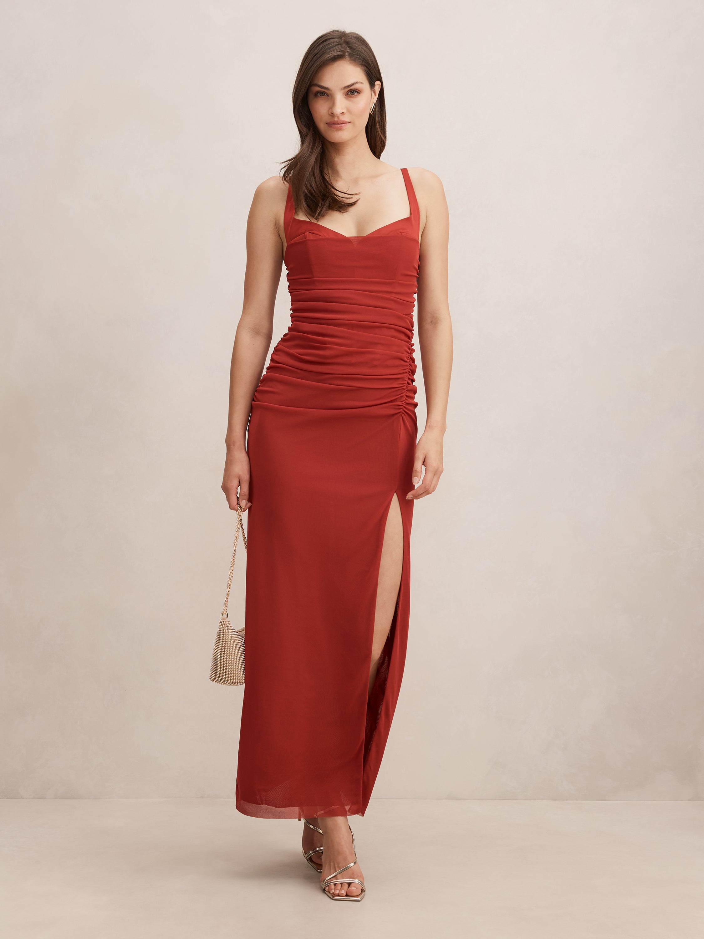 Buy Evie Ruched Mesh bodycon Midi Dress - Red - Online