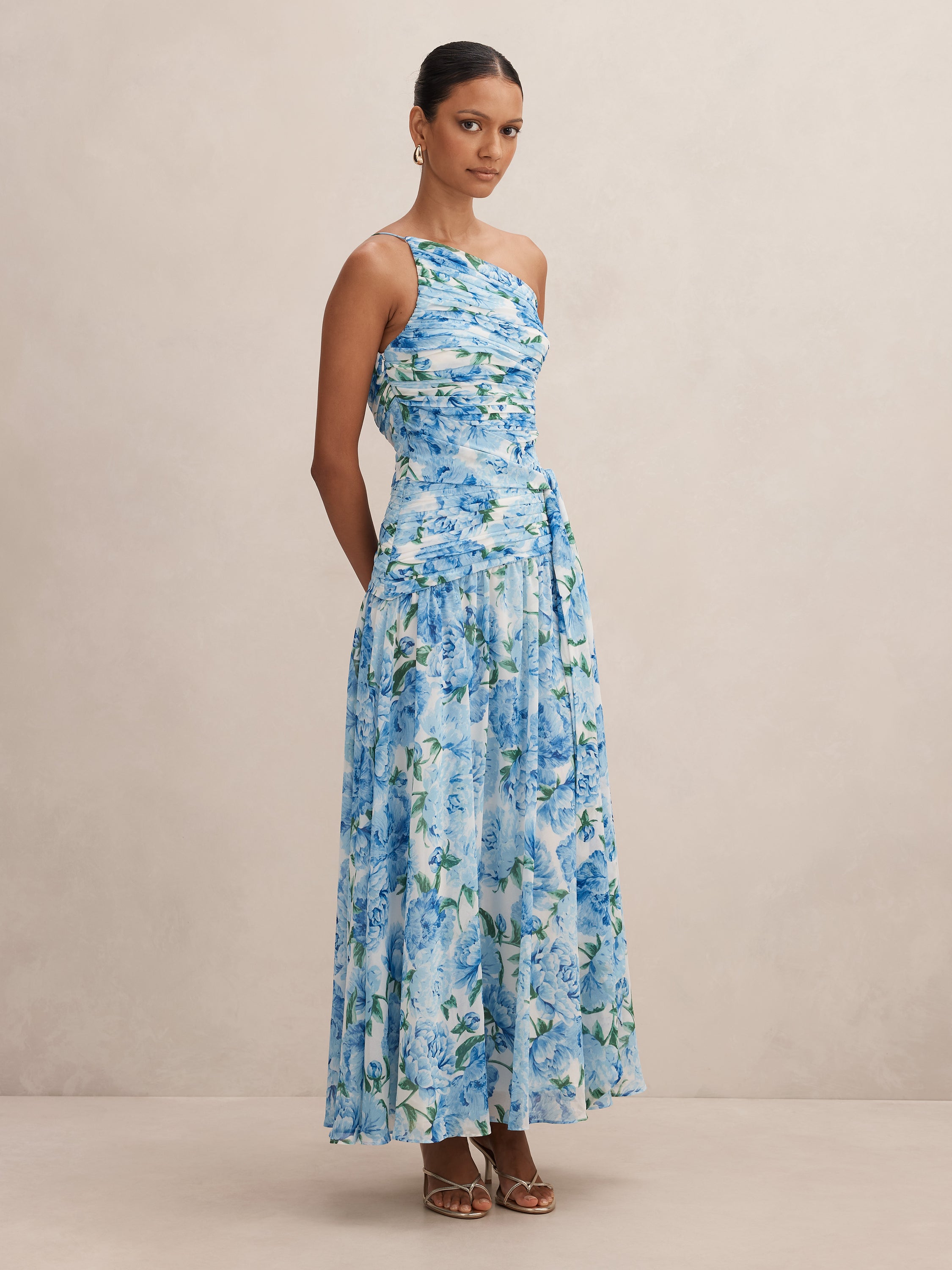 Connie Petite Ruched Asym Maxi Dress