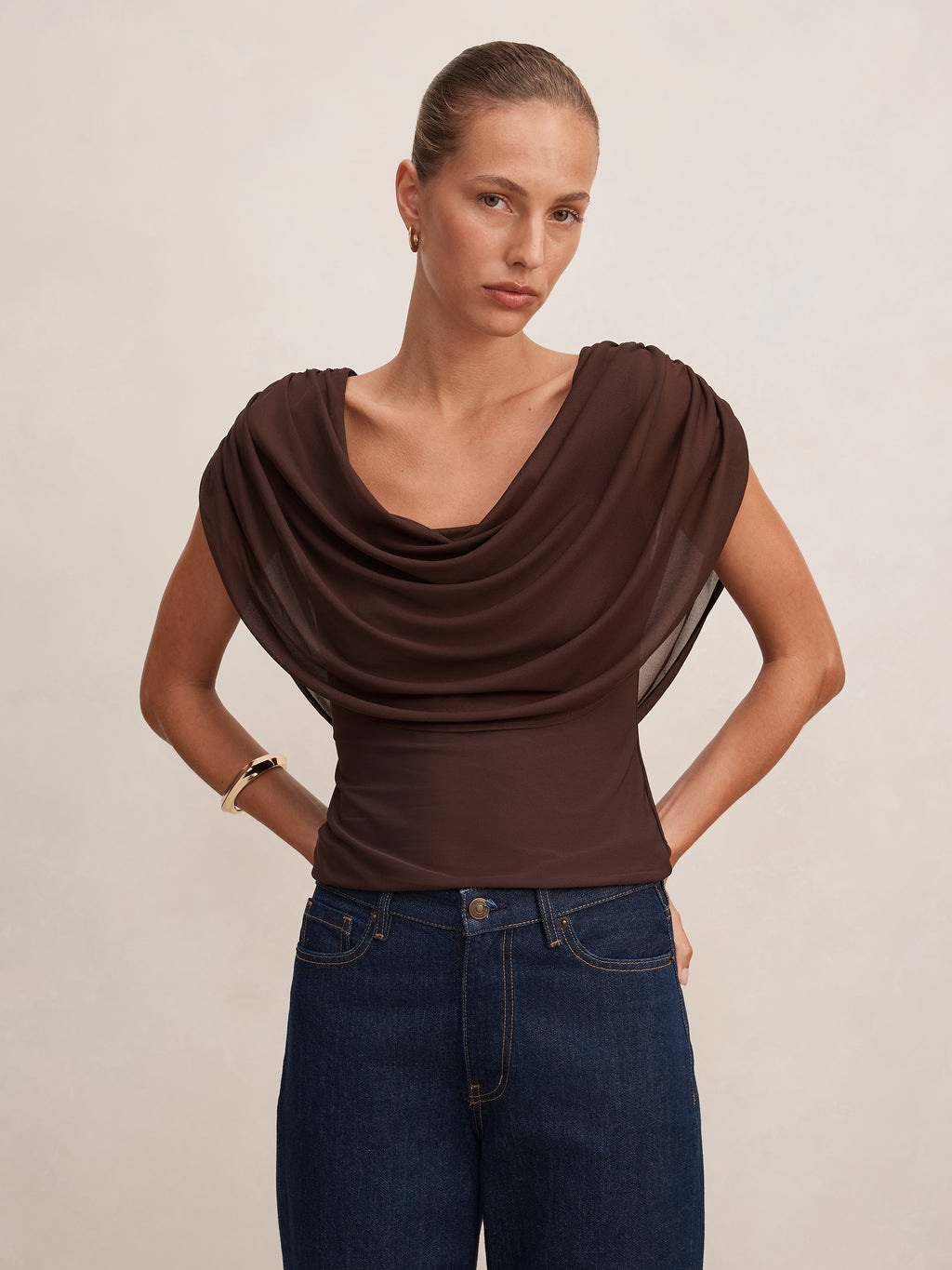 Olivia Draped Mesh Cape Top