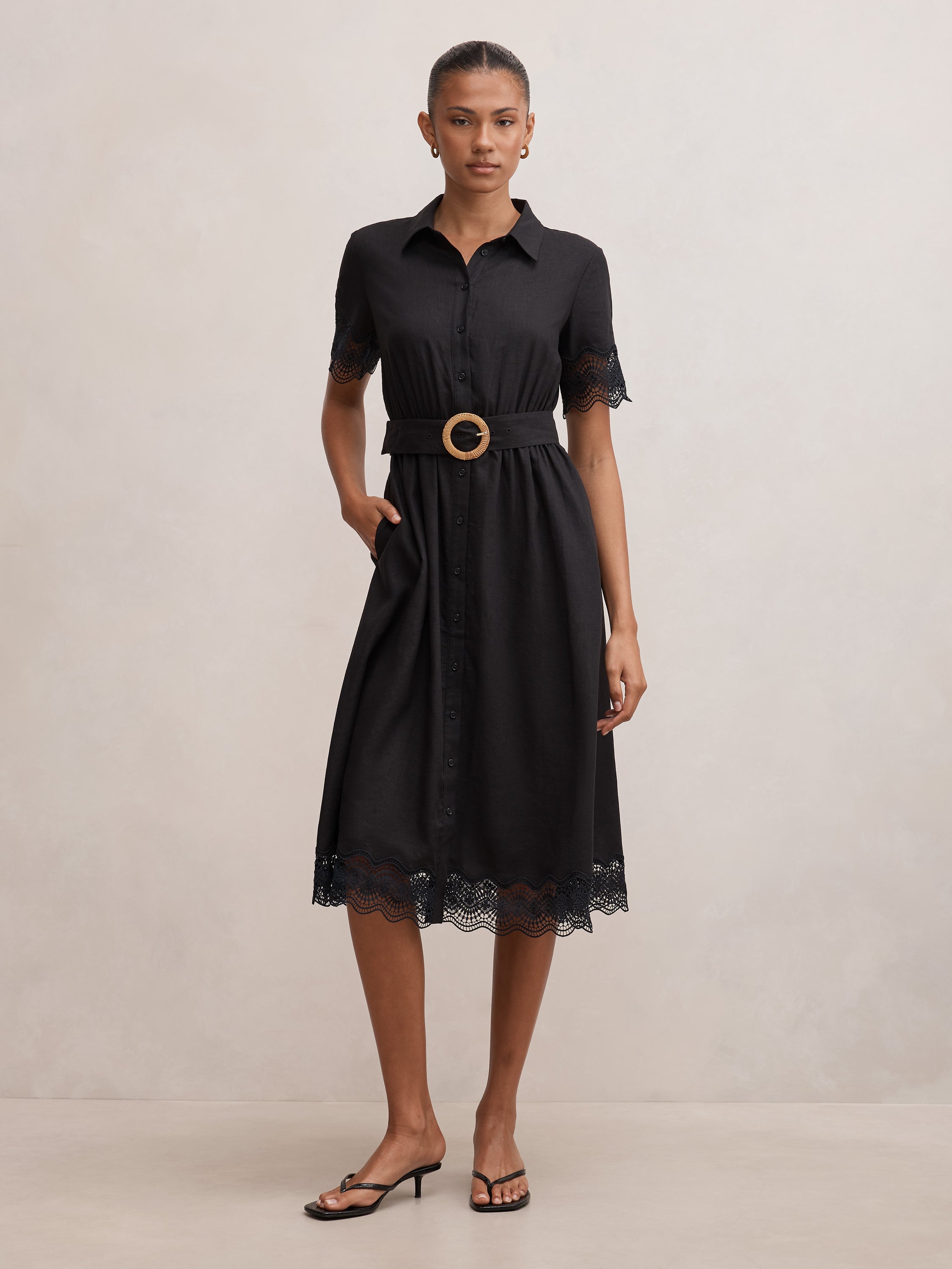 Eliana Lace Trim Linen Midi Dress