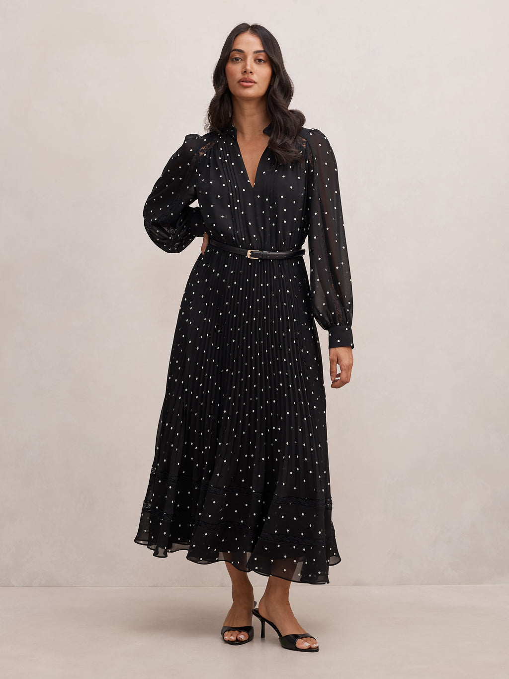 Clara Pleated Lace Trim Midi Dress