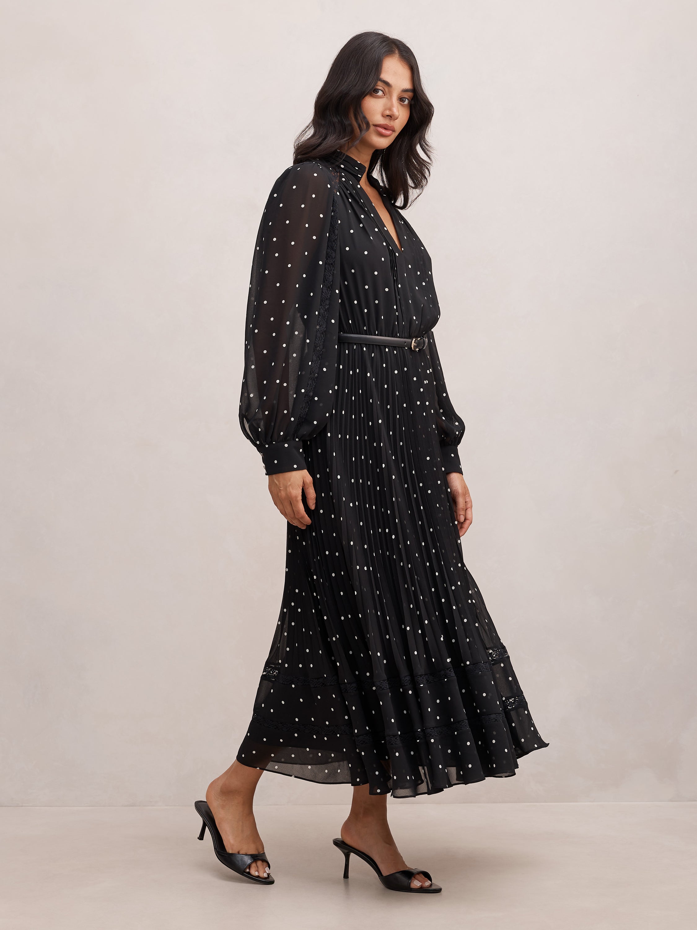 Clara Pleated Lace Trim Midi Dress