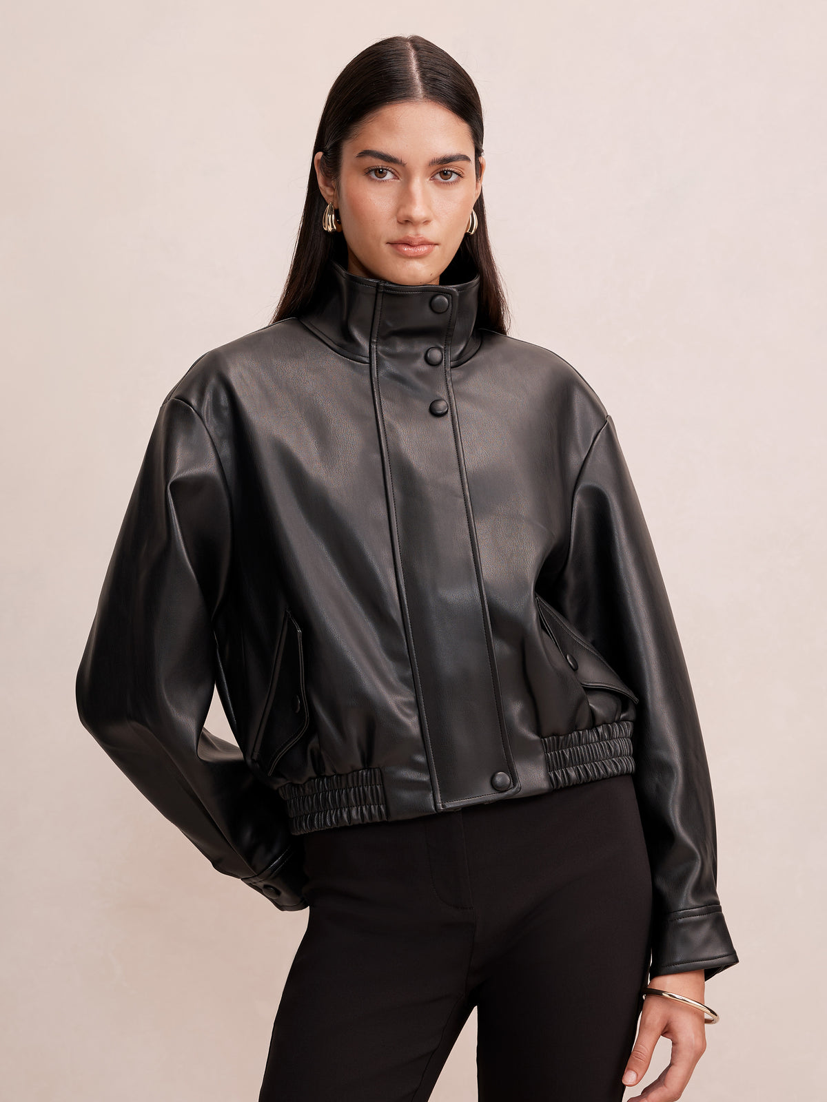 Clara PU Funnel Neck Bomber