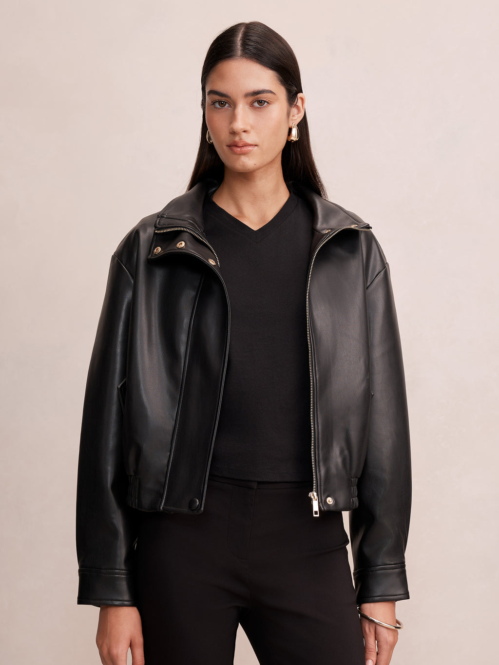 Clara PU Funnel Neck Bomber