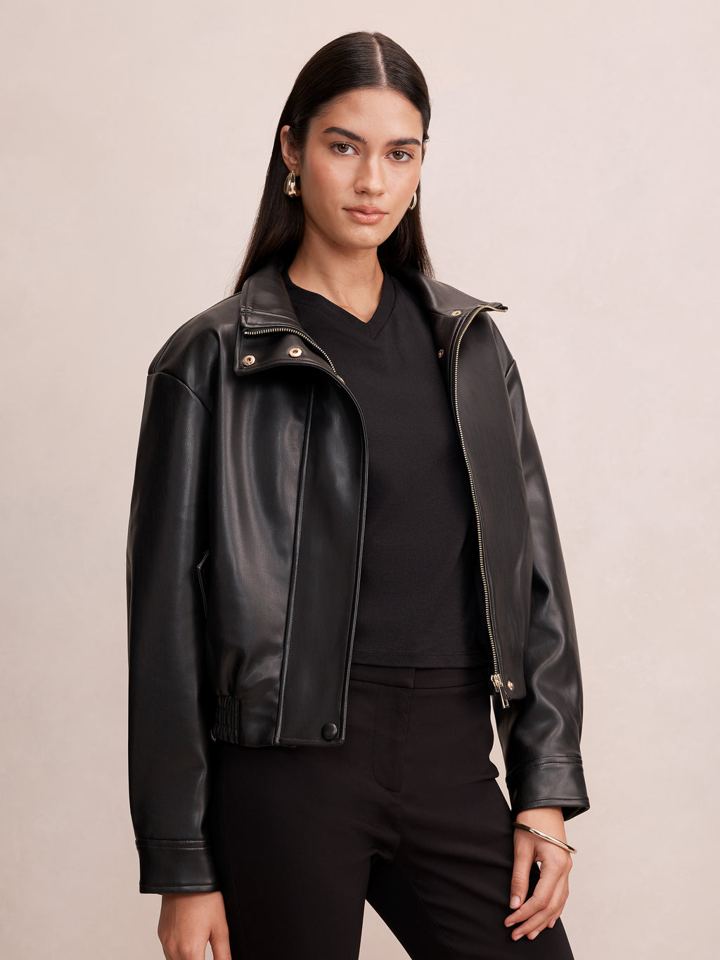 Clara PU Funnel Neck Bomber