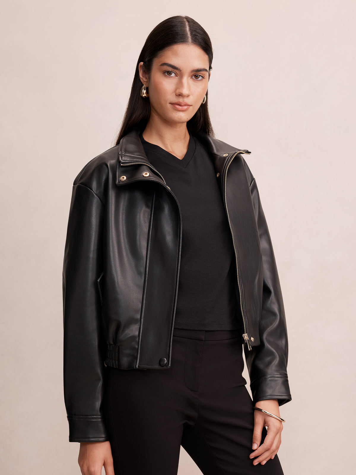 Clara PU Funnel Neck Bomber