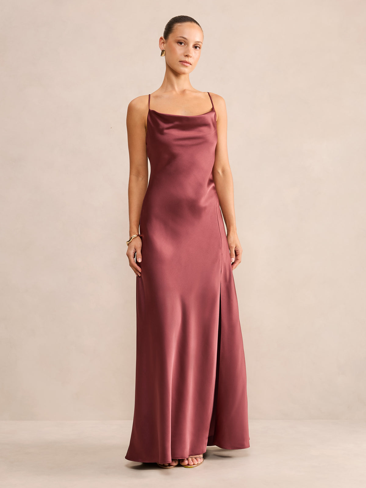 Allora Petite Ruffle Back Satin Maxi
